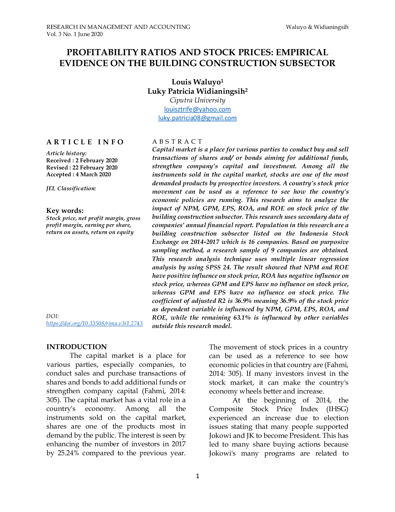 JURIS Rasio Profitabilitas Dan Harga Saham Bukti Empiris Pada Subsektor Bangunan Konstruksi