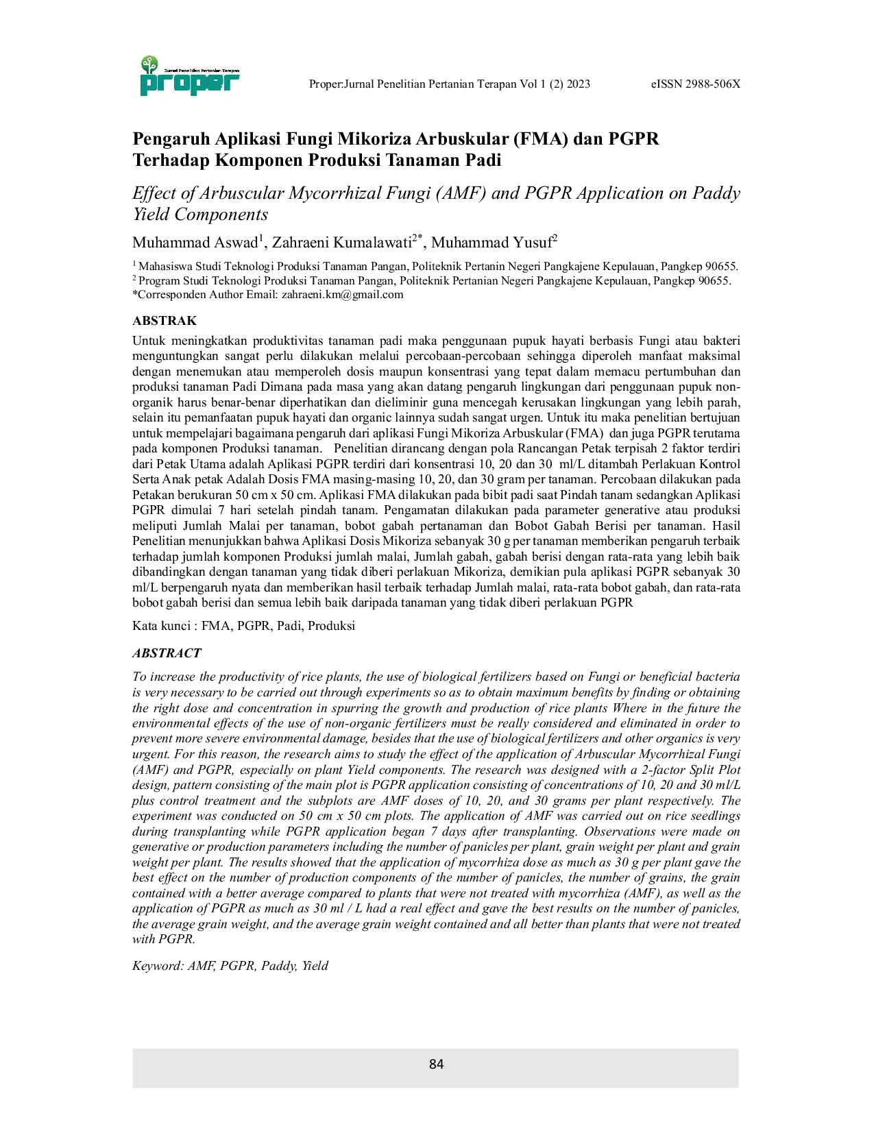 JURIS Effect of Arbuscular Mycorrhizal Fungi AMF and PGPR Application on Paddy Yield Components Pengaruh Aplikasi Fungi Mikoriza Arbuskular FMA dan PGPR Terhadap Komponen Produksi Tanaman Padi