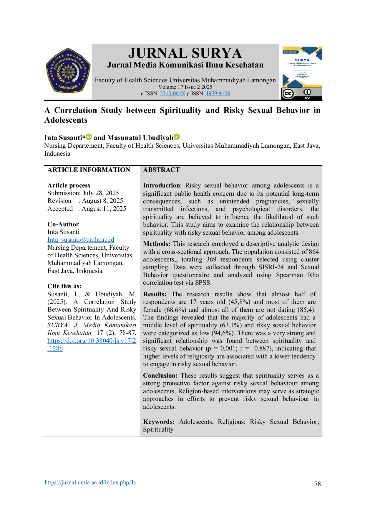 JURIS A Correlation Study between Spirituality and Risky Sexual Behavior in Adolescents