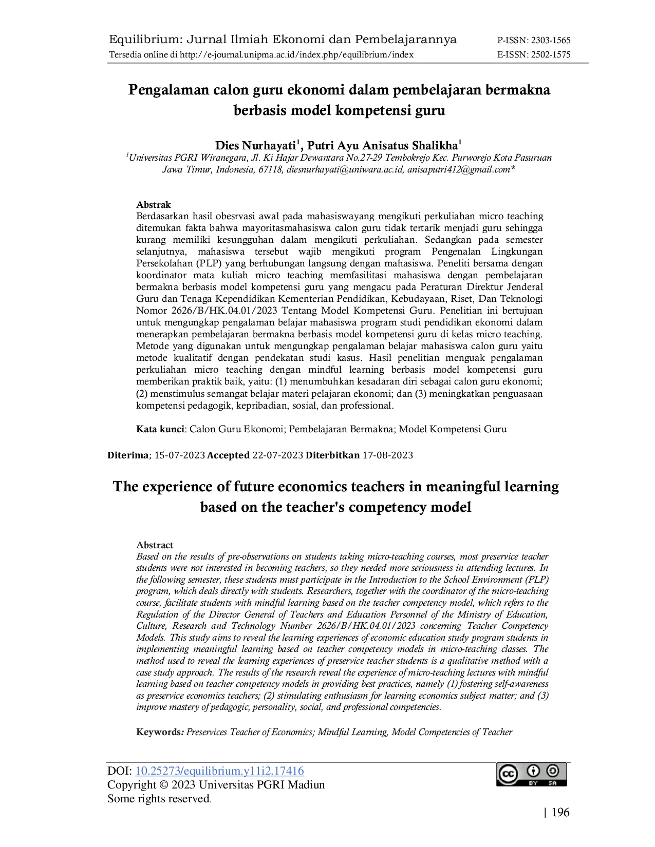 JURIS Pengalaman calon guru ekonomi dalam pembelajaran bermakna berbasis model kompetensi guru