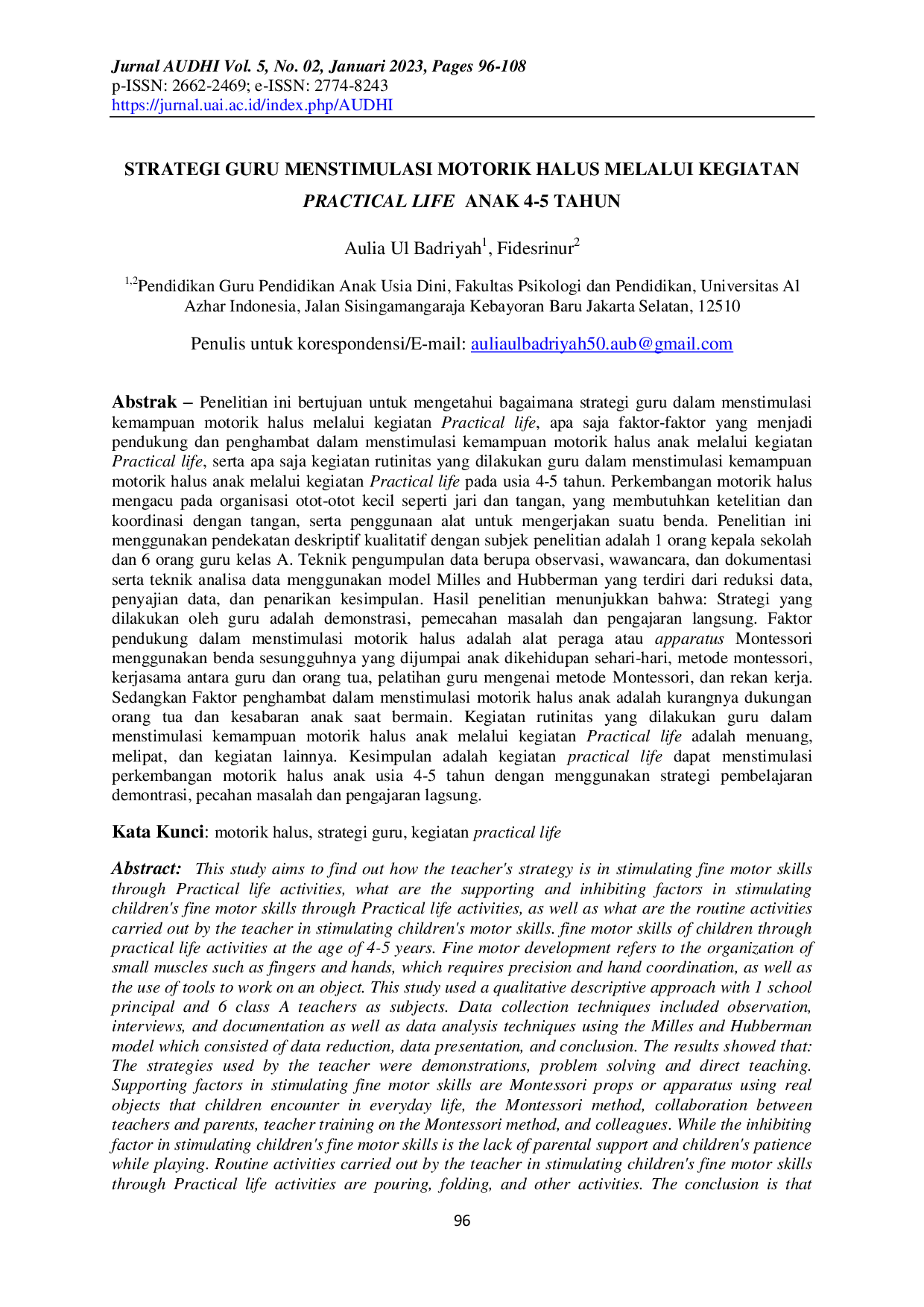 JURIS Strategi Guru Menstimulasi Motorik Halus Melalui Kegiatan Practical Life Anak 4 5 Tahun