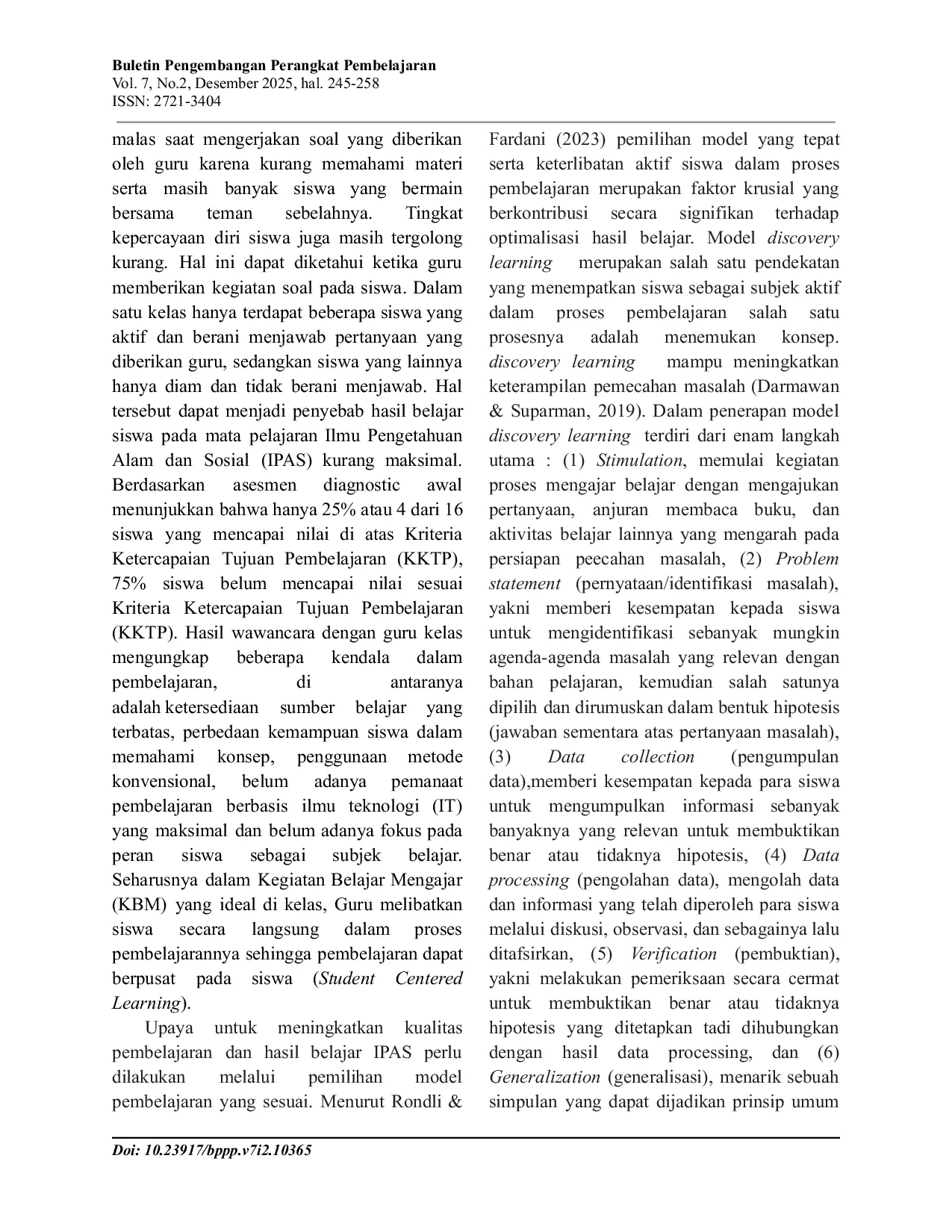 JURIS Peningkatan Hasil Belajar Model Discovery Learning Berbantuan Media Kartu Kuartet Di Sekolah Dasar