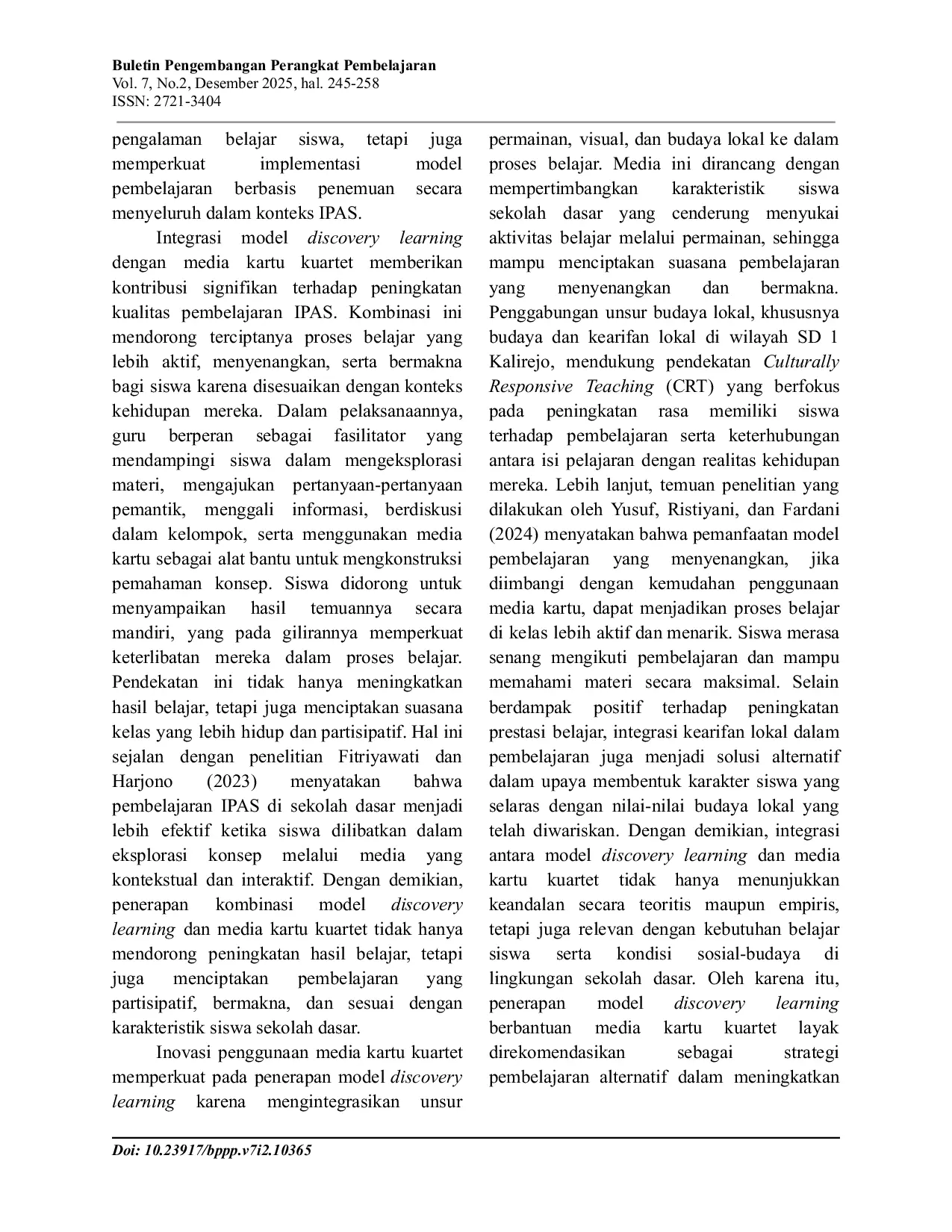 JURIS Peningkatan Hasil Belajar Model Discovery Learning Berbantuan Media Kartu Kuartet Di Sekolah Dasar