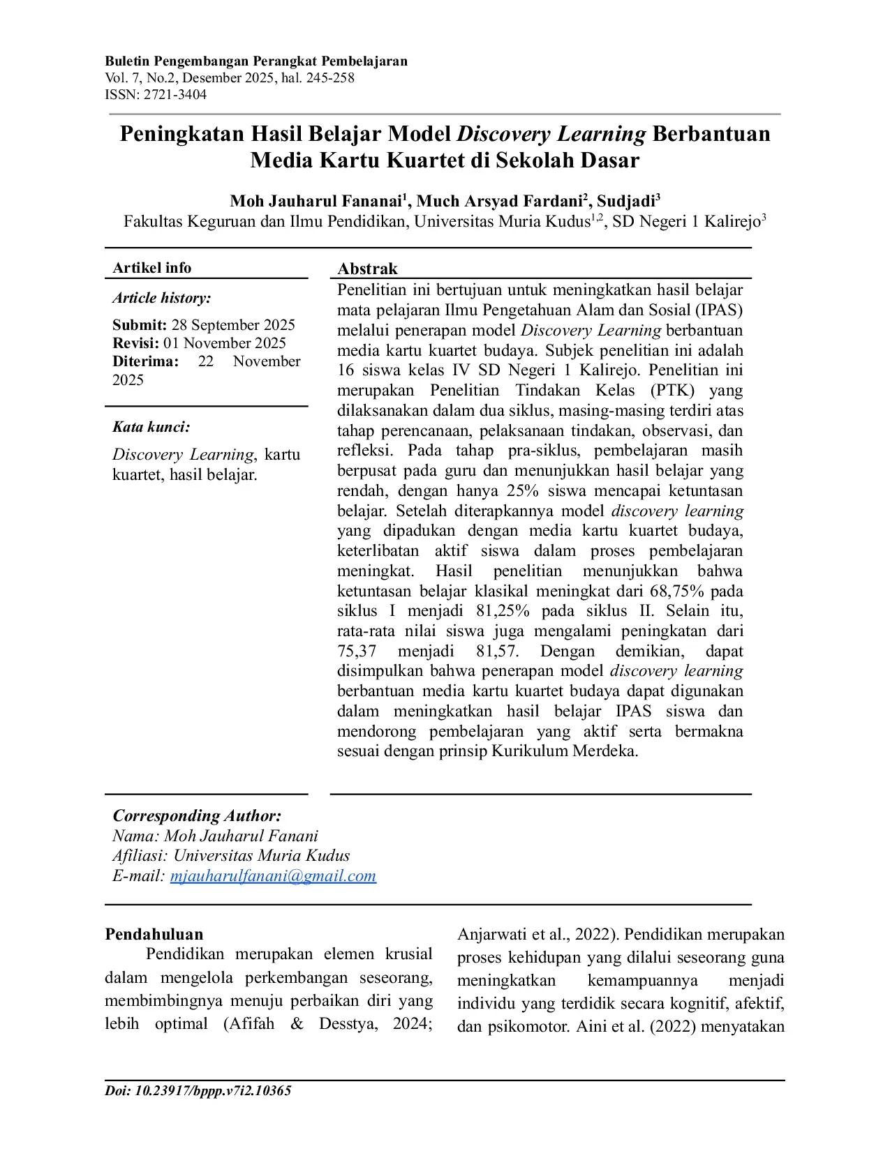 JURIS Peningkatan Hasil Belajar Model Discovery Learning Berbantuan Media Kartu Kuartet Di Sekolah Dasar