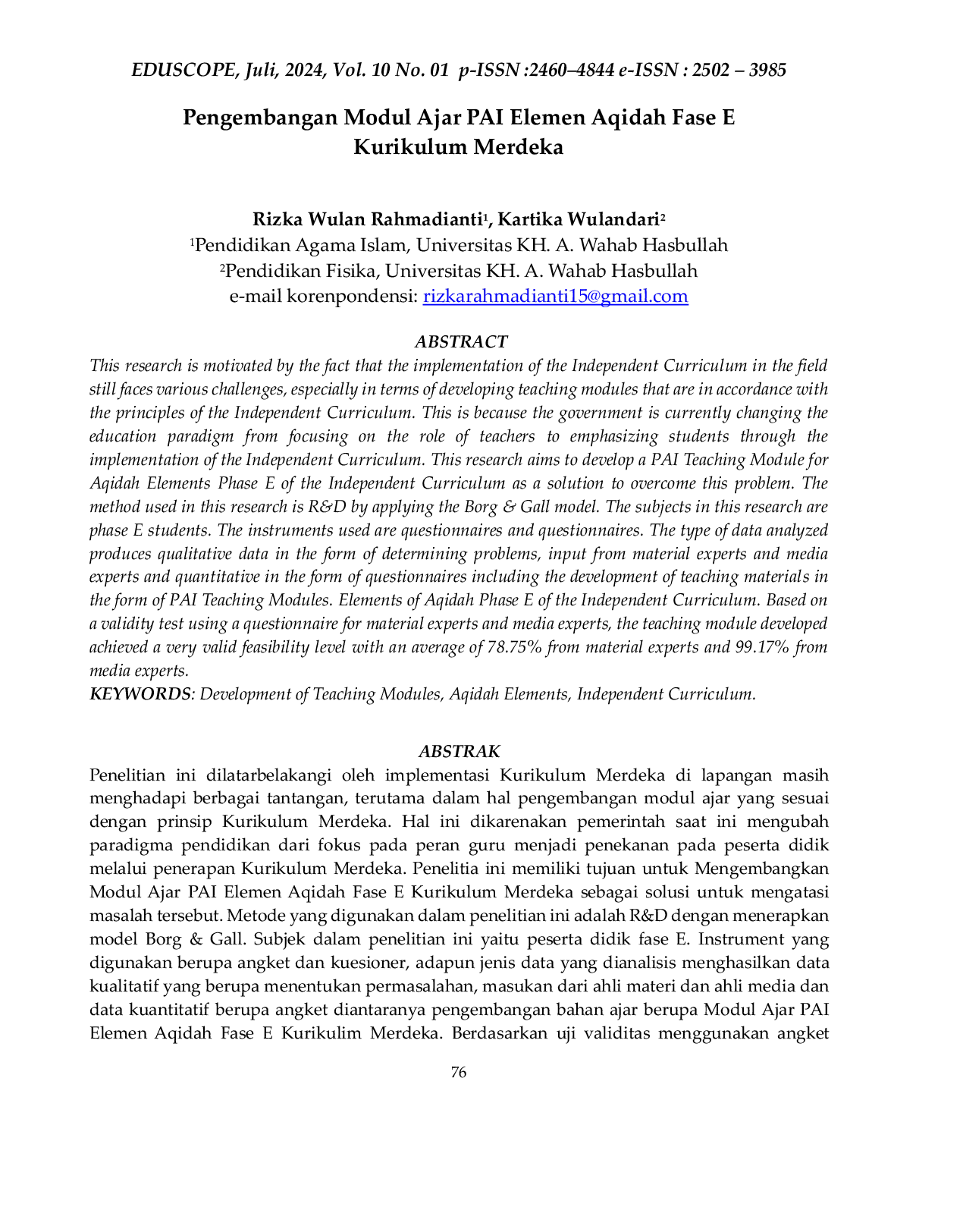 JURIS Pengembangan Modul Ajar PAI Elemen Aqidah Fase E Kurikulum Merdeka