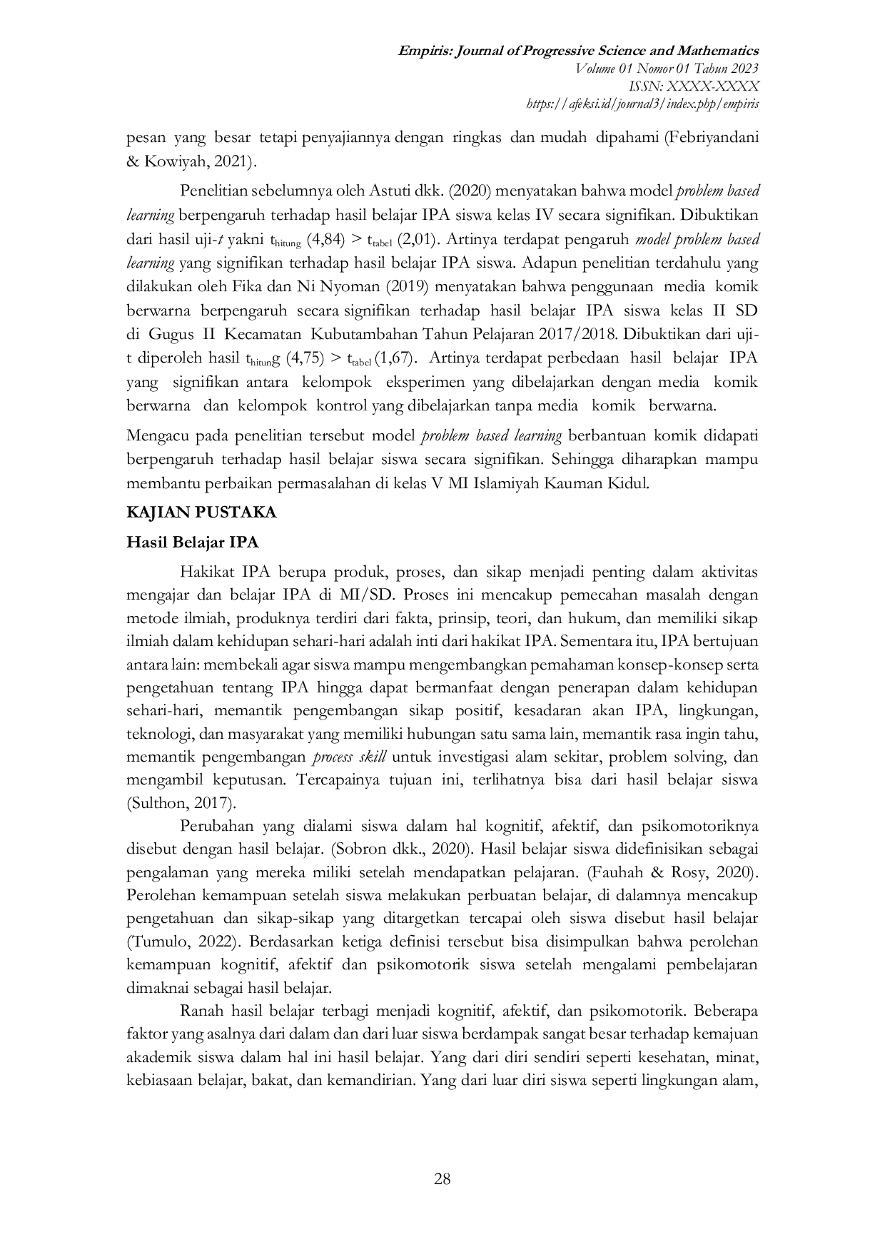 JURIS PENGARUH MODEL PROBLEM BASED LEARNING BERBANTUAN KOMIK TERHADAP HASIL BELAJAR IPA SISWA MADRASAH IBTIDAIYAH