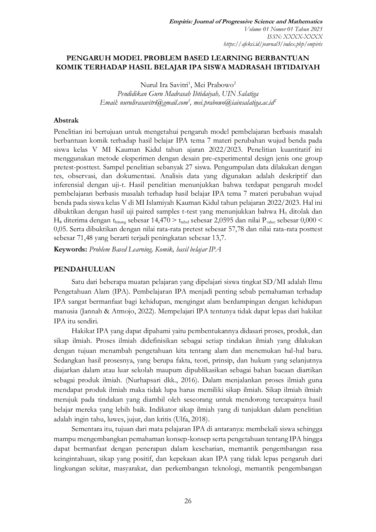 JURIS PENGARUH MODEL PROBLEM BASED LEARNING BERBANTUAN KOMIK TERHADAP HASIL BELAJAR IPA SISWA MADRASAH IBTIDAIYAH