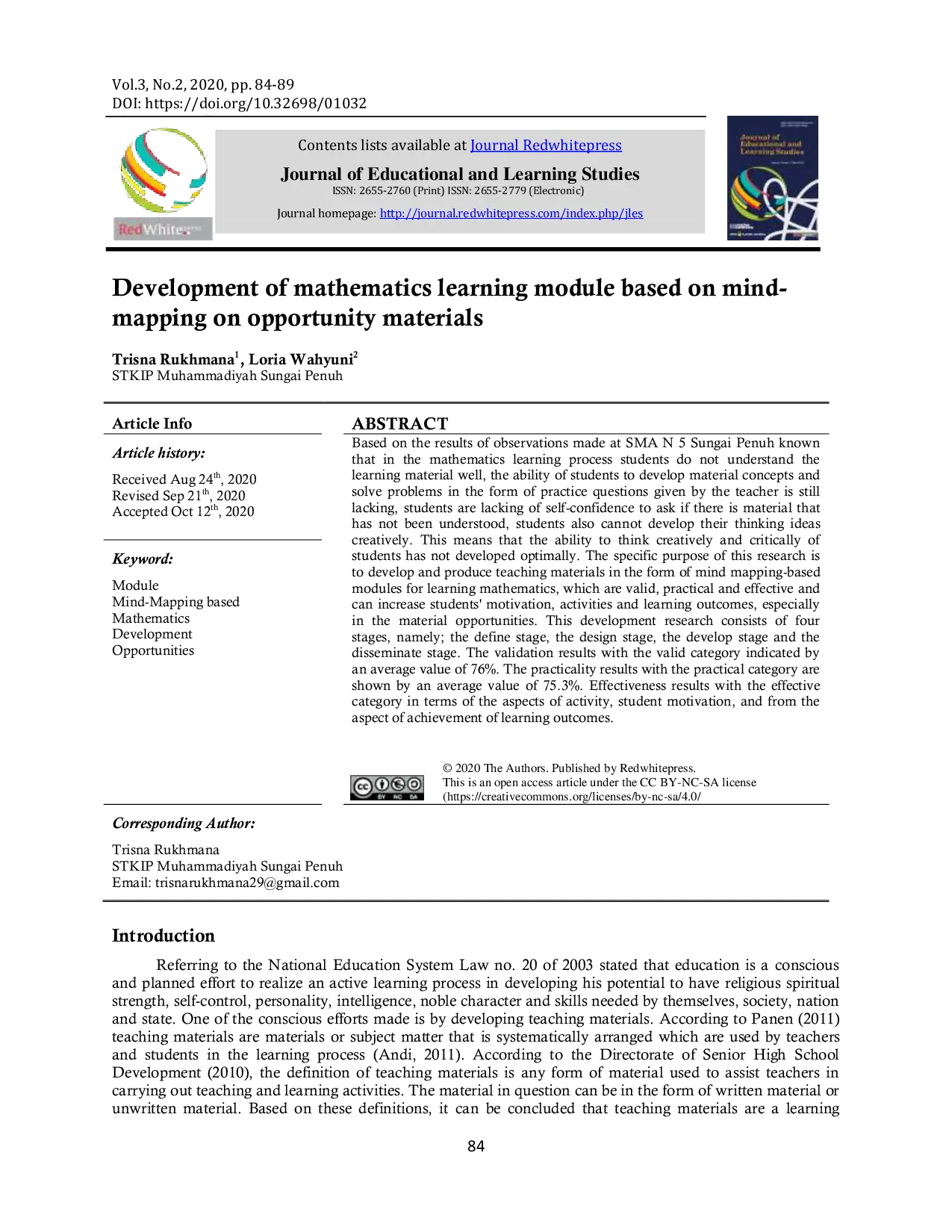 JURIS Development of mathematics learning module based on mind mapping on opportunity materials