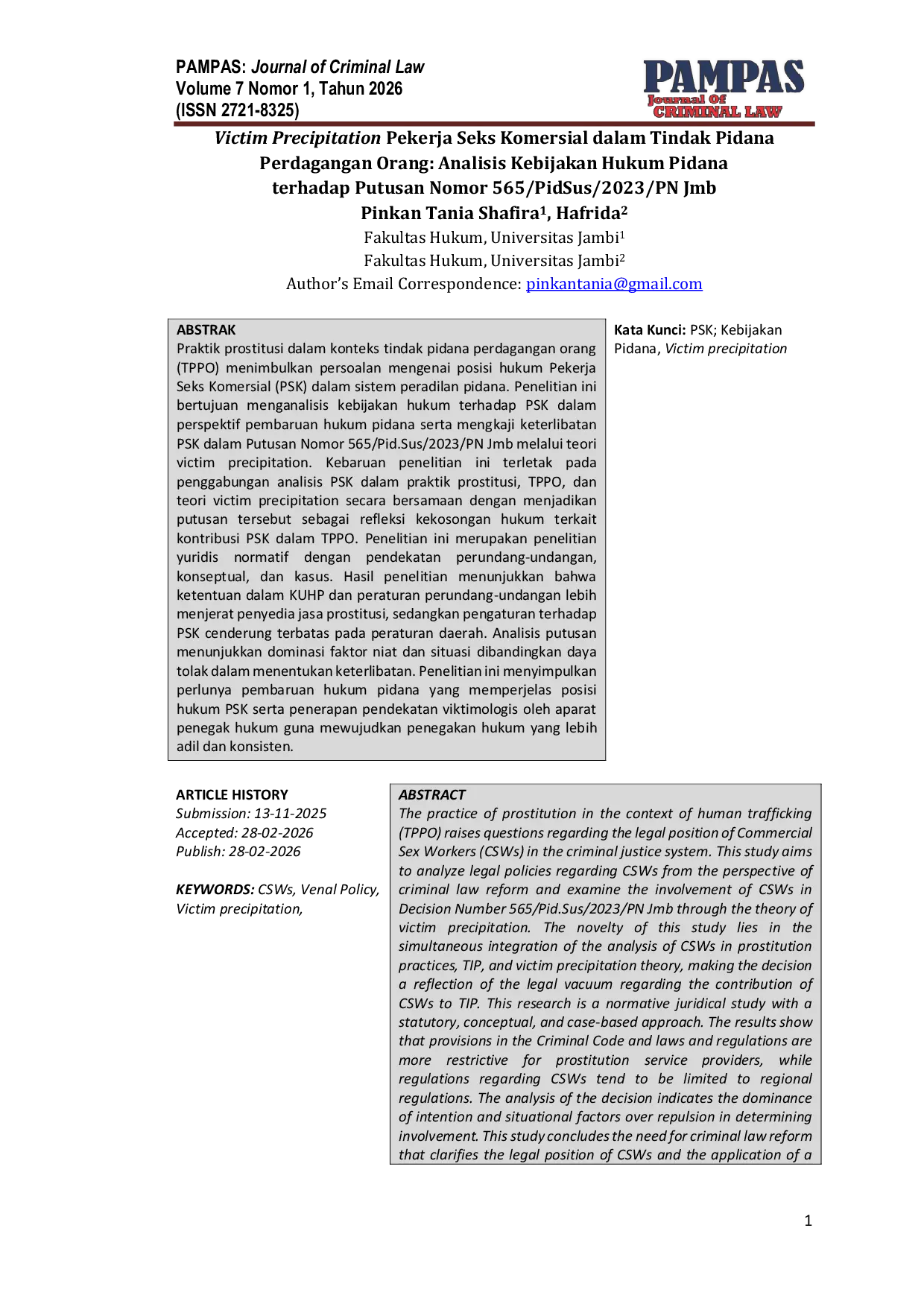 JURIS Victim Precipitation Pekerja Seks Komersial dalam Tindak Pidana Perdagangan Orang Analisis Kebijakan Hukum Pidana terhadap Putusan Nomor 565 PidSus 2023 PN Jmb