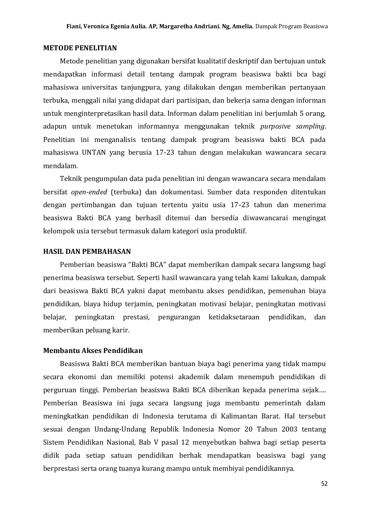 JURIS Dampak Program Beasiswa Bakti BCA terhadap Mahasiswa Universitas Tanjungpura Pontianak