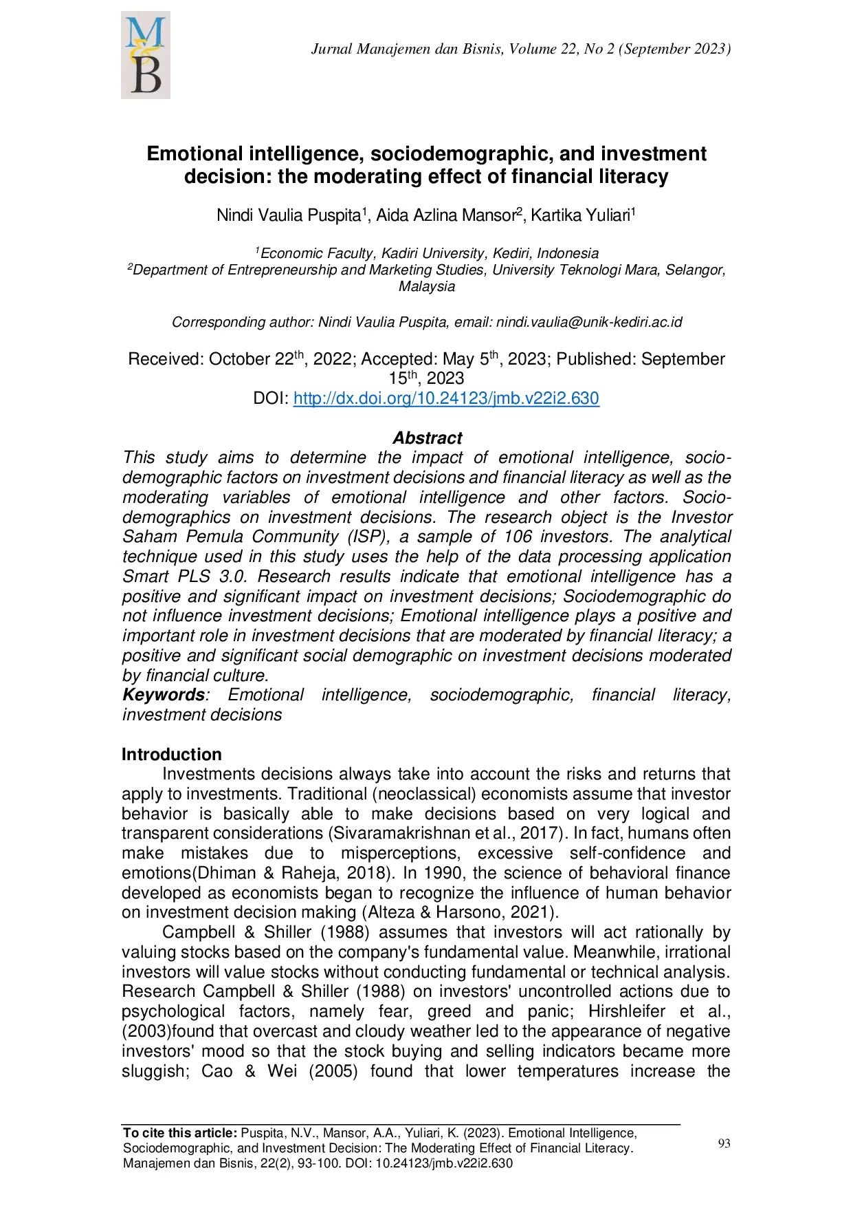 JURIS Emotional intelligence sociodemographic and investment decision the moderating effect of financial literacy