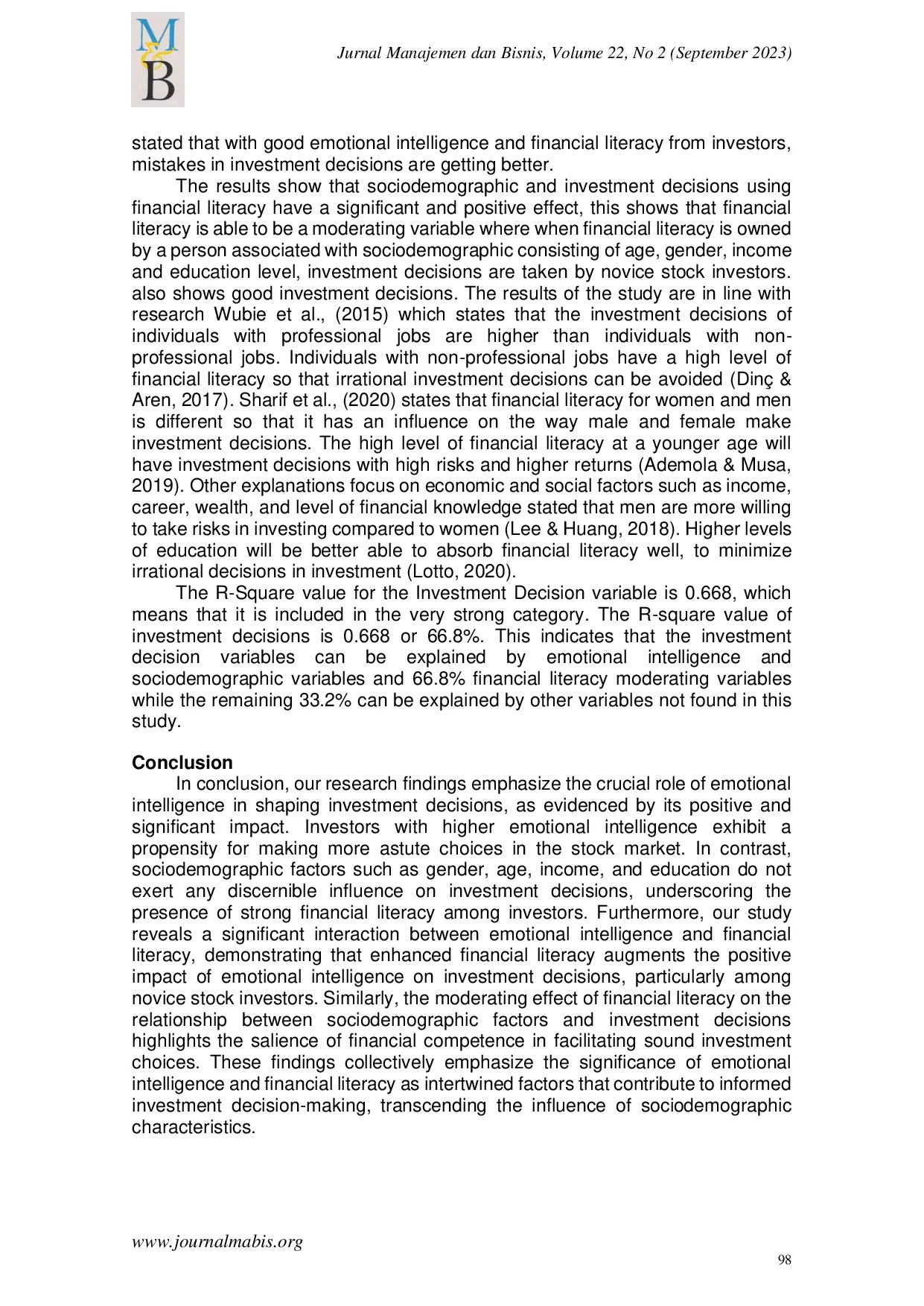 JURIS Emotional intelligence sociodemographic and investment decision the moderating effect of financial literacy