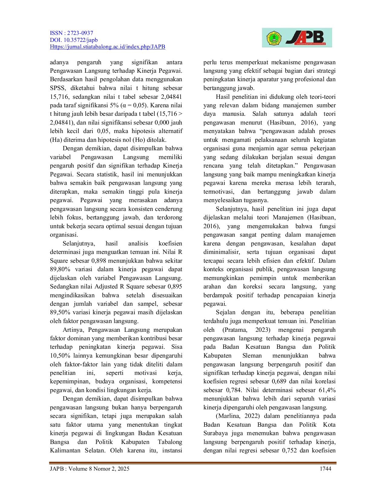 JURIS Pengaruh Pengawasan Langsung Terhadap Kinerja Pegawai Badan Kesatuan Bangsa dan Politik Kabupaten Tabalong Kalimantan Selatan