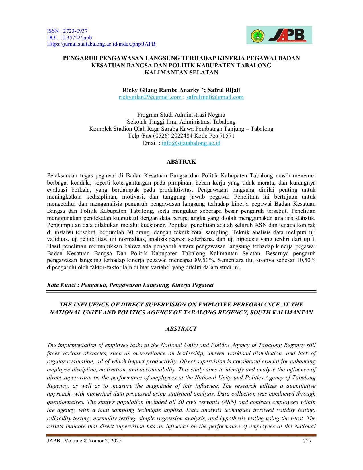 JURIS Pengaruh Pengawasan Langsung Terhadap Kinerja Pegawai Badan Kesatuan Bangsa dan Politik Kabupaten Tabalong Kalimantan Selatan