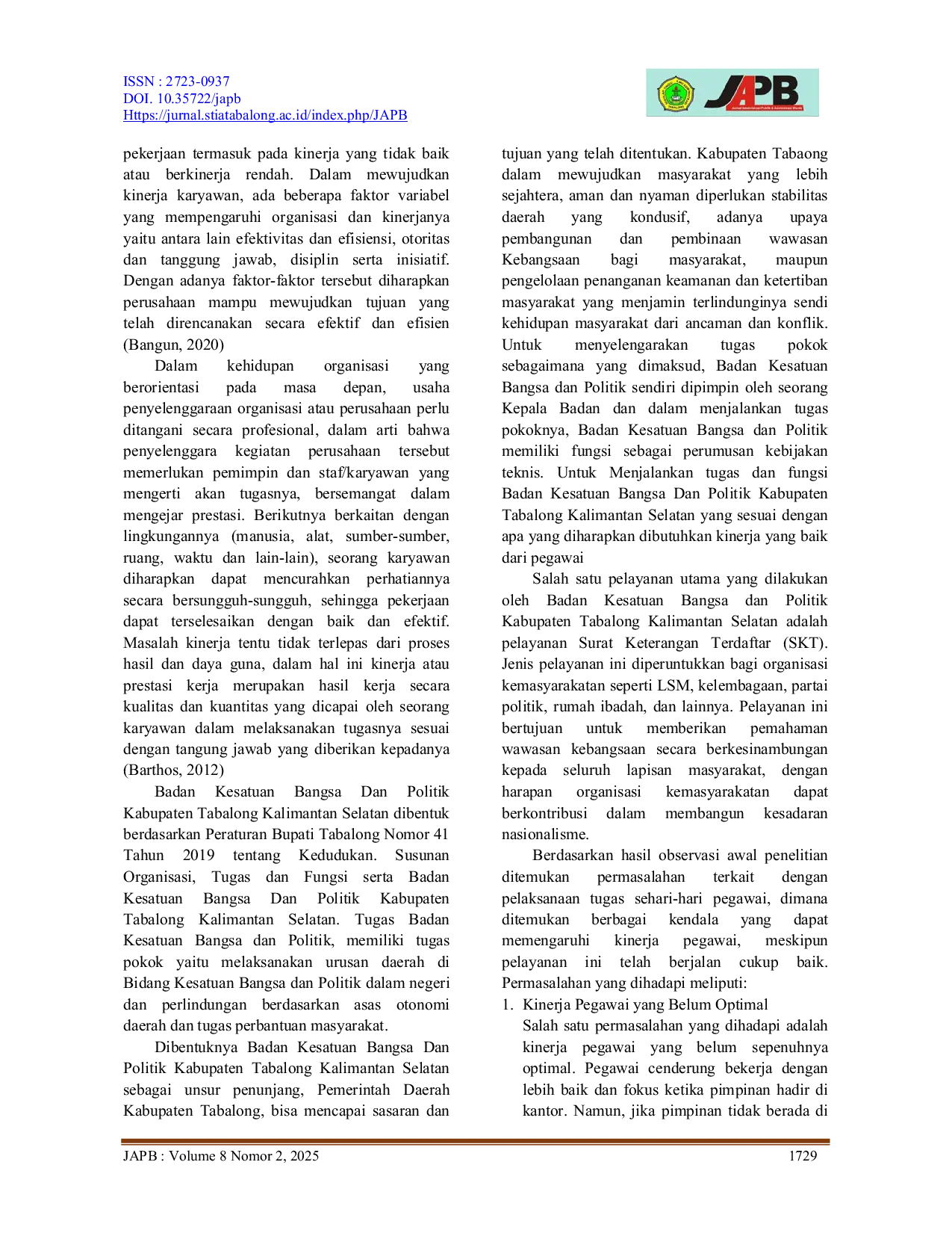JURIS Pengaruh Pengawasan Langsung Terhadap Kinerja Pegawai Badan Kesatuan Bangsa dan Politik Kabupaten Tabalong Kalimantan Selatan
