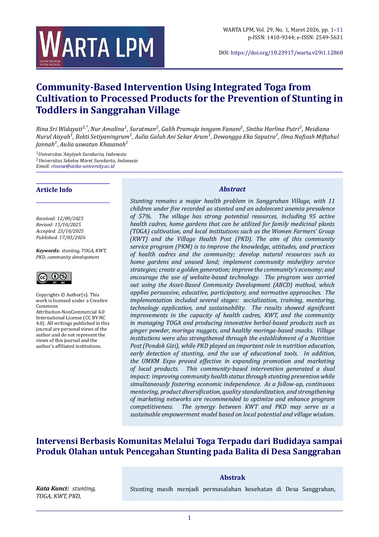 JURIS Community Based Intervention Using Integrated Toga from Cultivation to Processed Products for the Prevention of Stunting in Toddlers in Sanggrahan Village