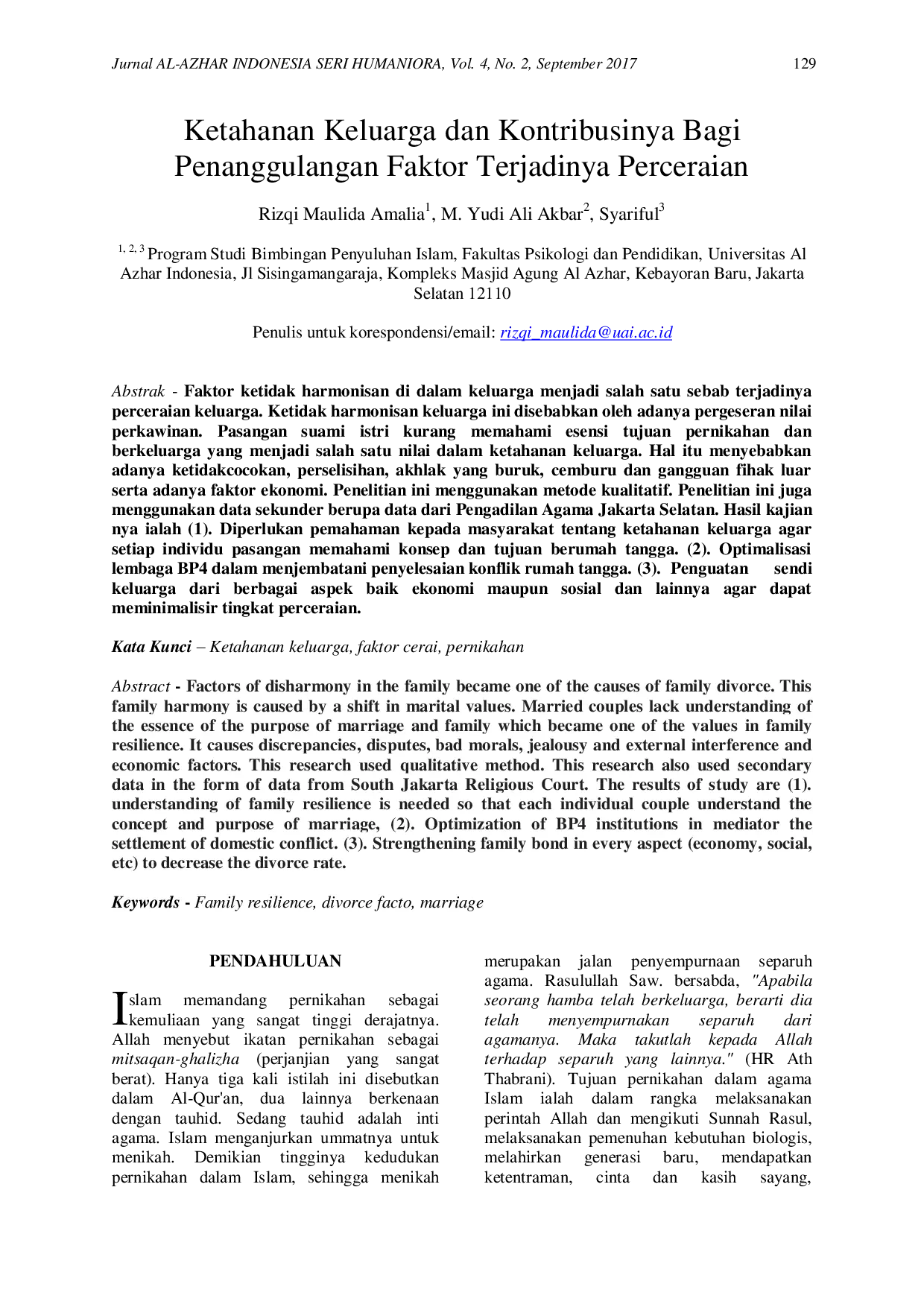 JURIS Ketahanan Keluarga dan Kontribusinya Bagi Penanggulangan Faktor Terjadinya Perceraian