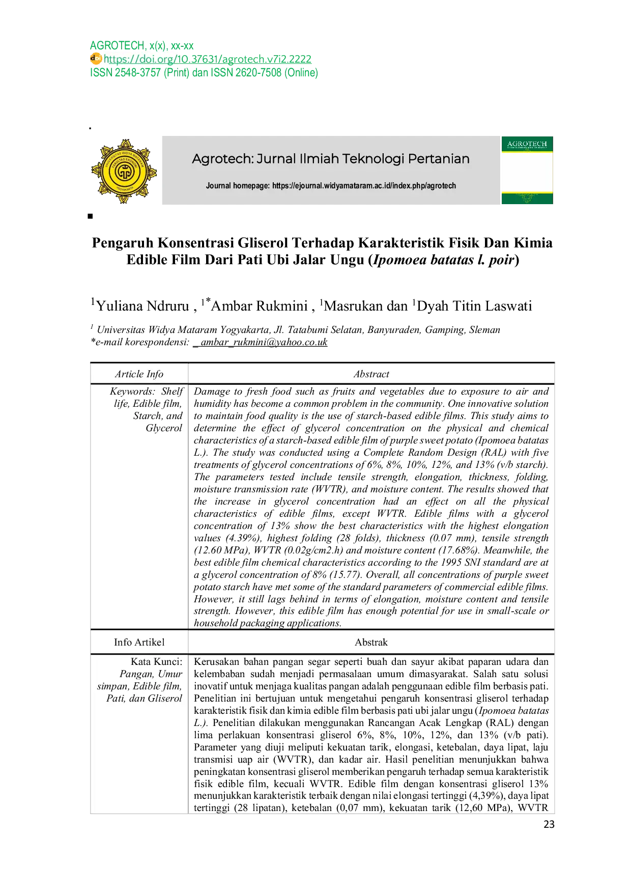 JURIS Pengaruh Konsentrasi Gliserol Terhadap Karakteristik Fisik Dan Kimia Edible Film Dari Pati Ubi Jalar Ungu Ipomoea batatas l poir