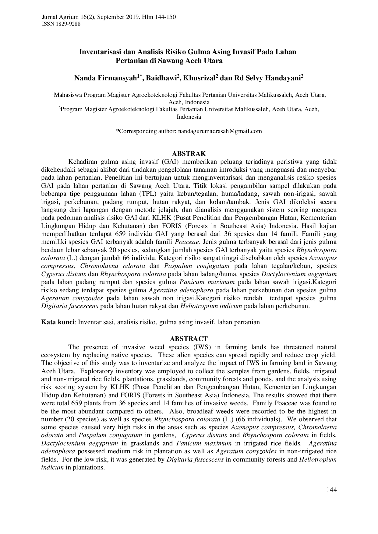 JURIS Inventarisasi dan Analisis Risiko Gulma Asing Invasif Pada Lahan Pertanian di Sawang Aceh Utara