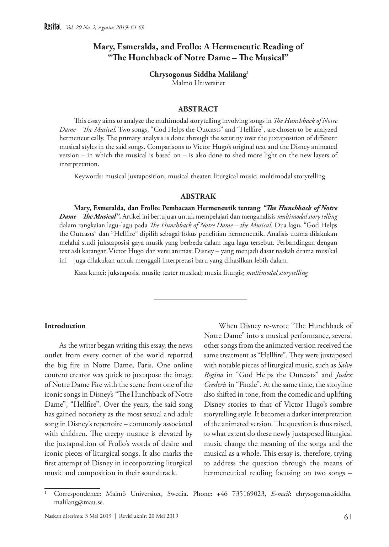 juris Mary Esmeralda and Frollo A Hermeneutic Reading of The Hunchback of Notre Dame The Musical