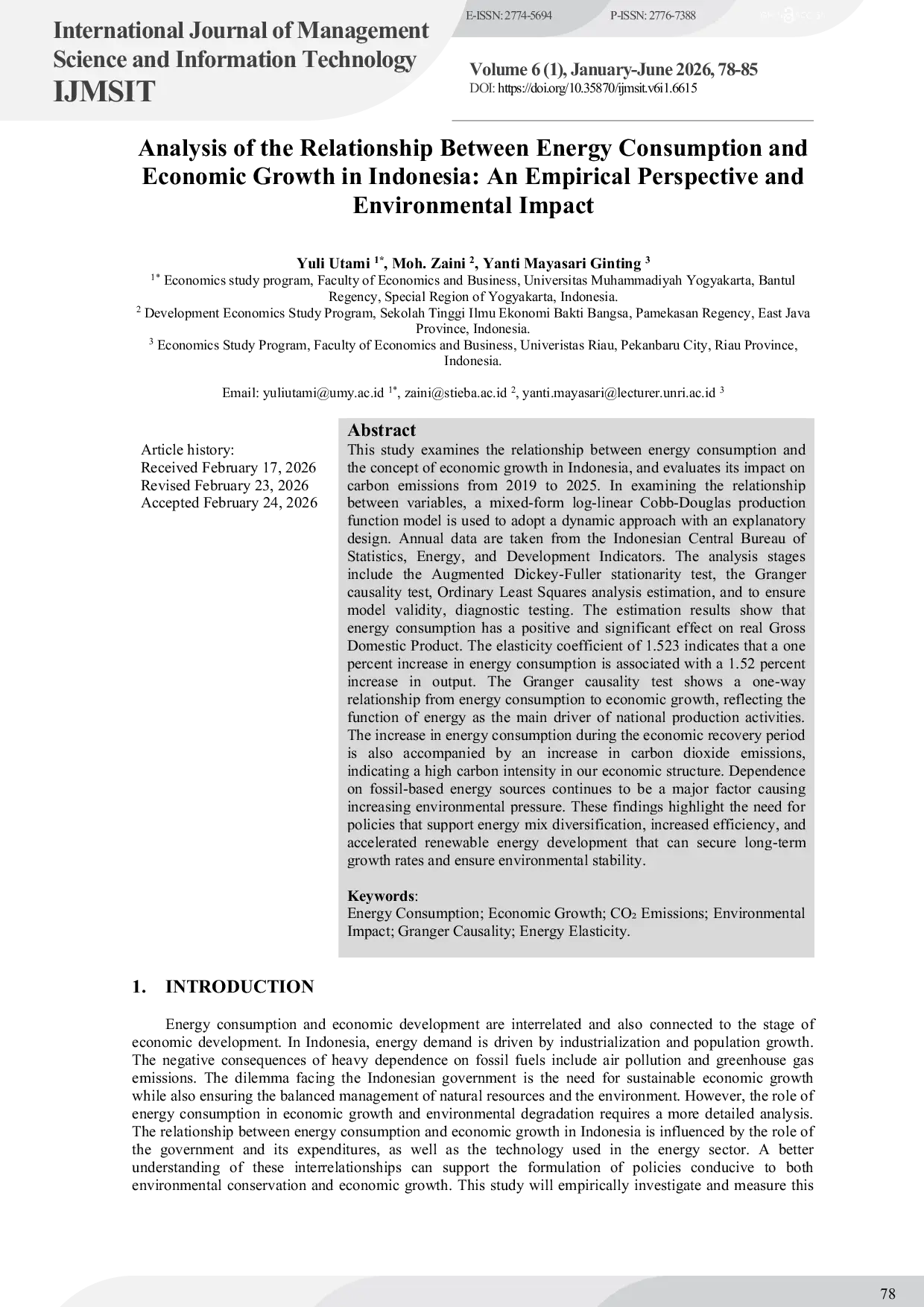 JURIS Analysis of the Relationship Between Energy Consumption and Economic Growth in Indonesia An Empirical Perspective and Environmental Impact