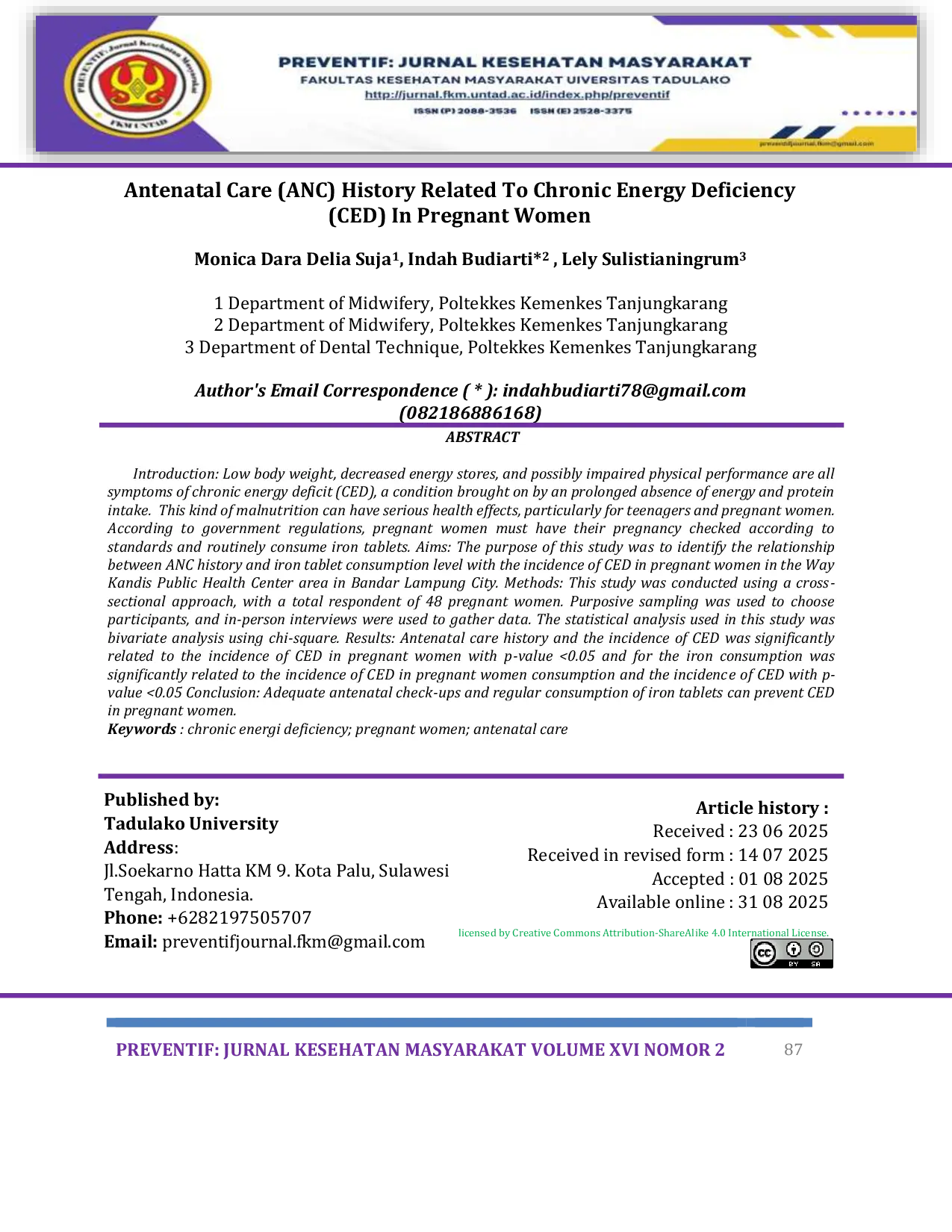 JURIS Antenatal Care ANC History Related To Chronic Energy Deficiency CED In Pregnant Women