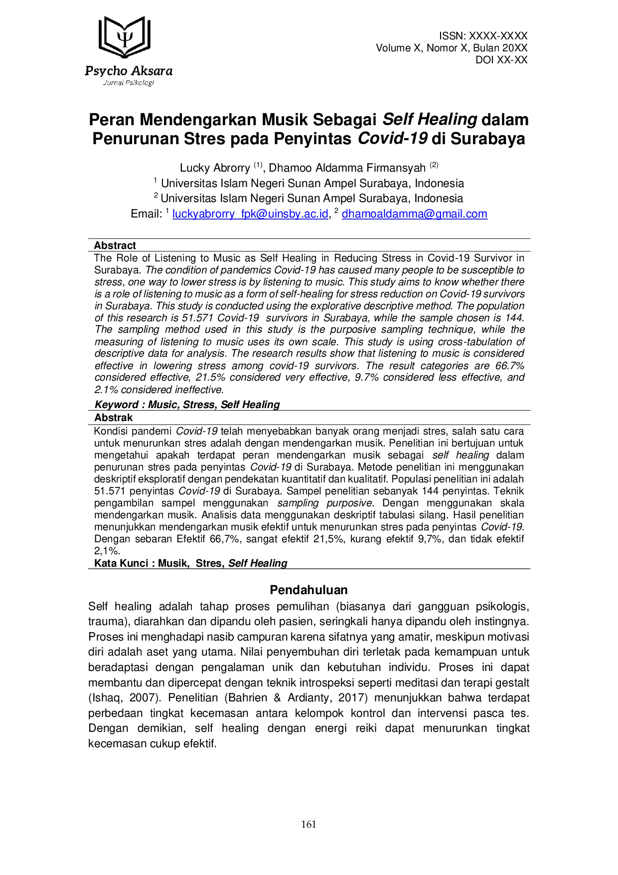 JURIS The Role of Listening to Music as Self Healing in Reducing Stress in Covid 19 Survivor in Surabaya