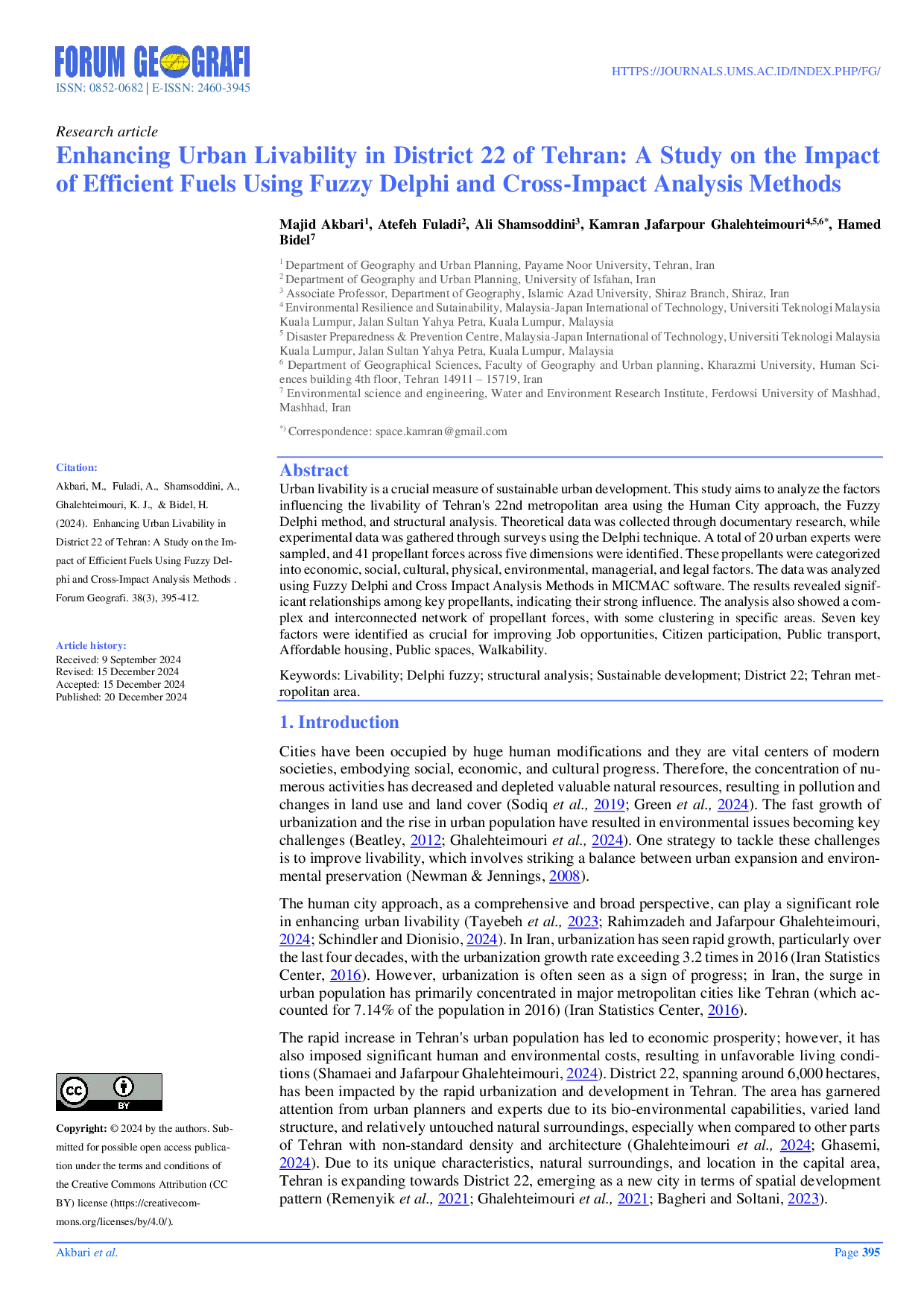 JURIS Enhancing Urban Livability in District 22 of Tehran A Study on the Impact of Efficient Fuels Using Fuzzy Delphi and Cross Impact Analysis Methods