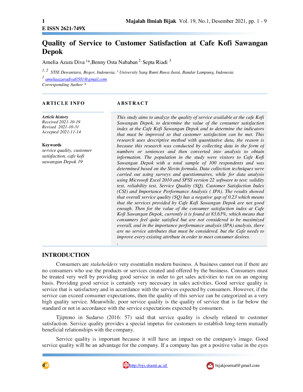 JURIS Quality of Service to Customer Satisfaction at Cafe Kofi Sawangan Depok