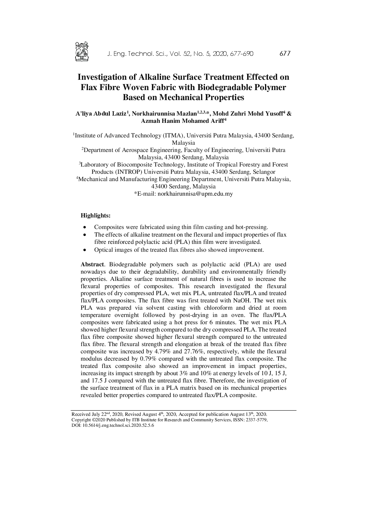 juris Investigation of Alkaline Surface Treatment Effected on Flax Fibre Woven Fabric with Biodegradable Polymer Based on Mechanical Properties