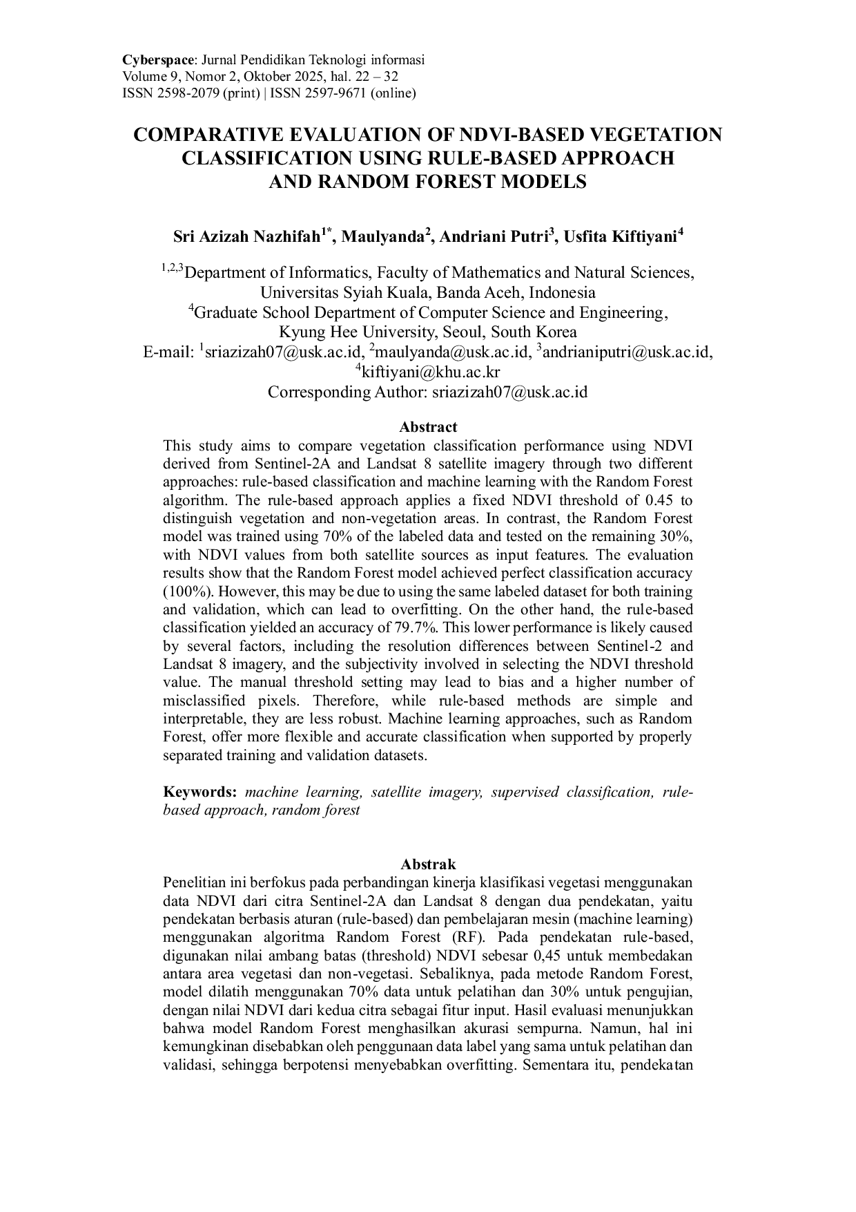 JURIS Comparative Evaluation of NDVI Based Vegetation Classification Using Rule Based Thresholding and Random Forest Models