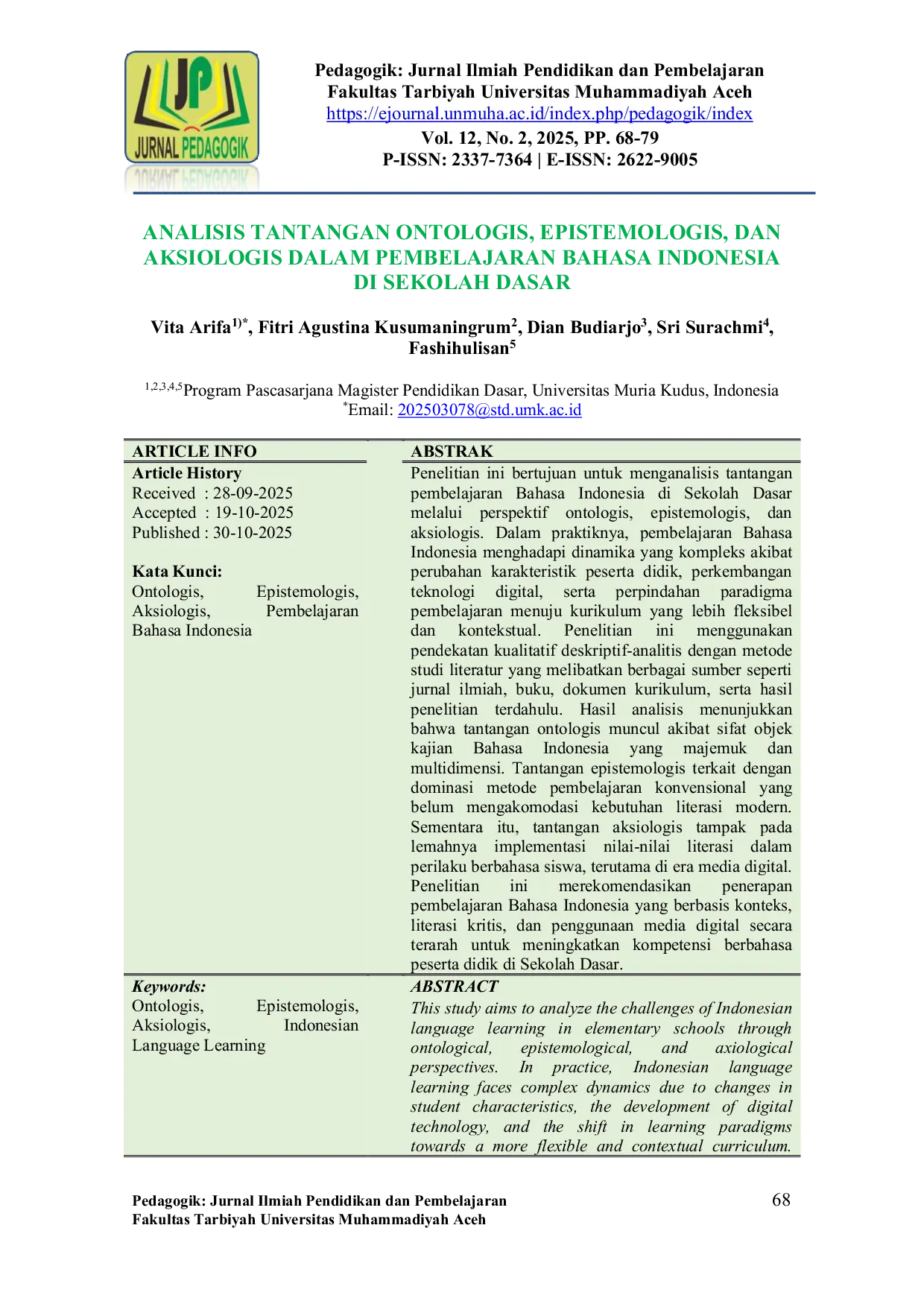 JURIS Analisis Tantangan Ontologis Epistemologis dan Aksiologis dalam Pembelajaran Bahasa Indonesia di Sekolah Dasar