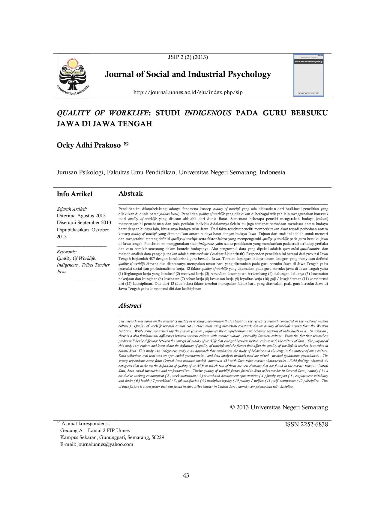 JURIS QUALITY OF WORKLIFE STUDI INDIGENOUS PADA GURU BERSUKU JAWA DI JAWA TENGAH