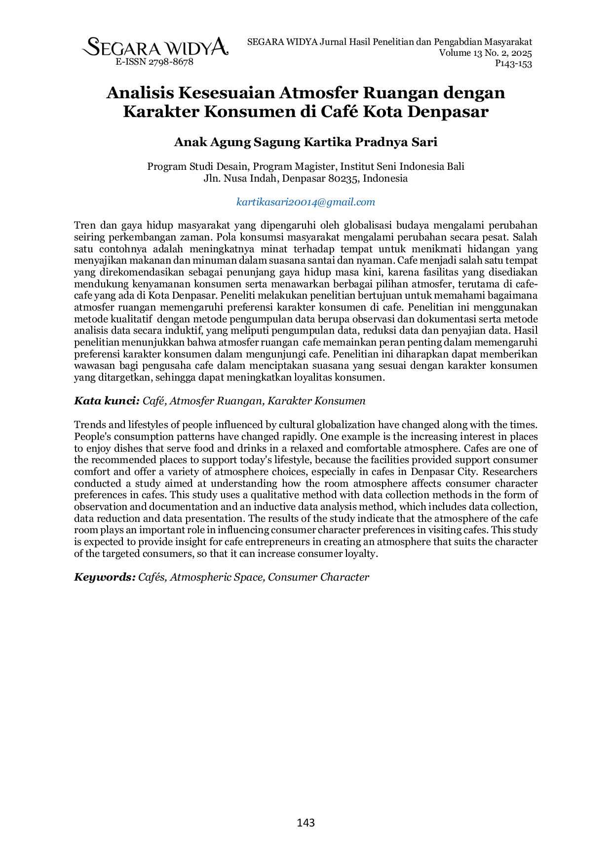 JURIS Analisis Kesesuaian Atmosfer Ruangan Dengan Karakter Konsumen Di Caf Kota Denpasar