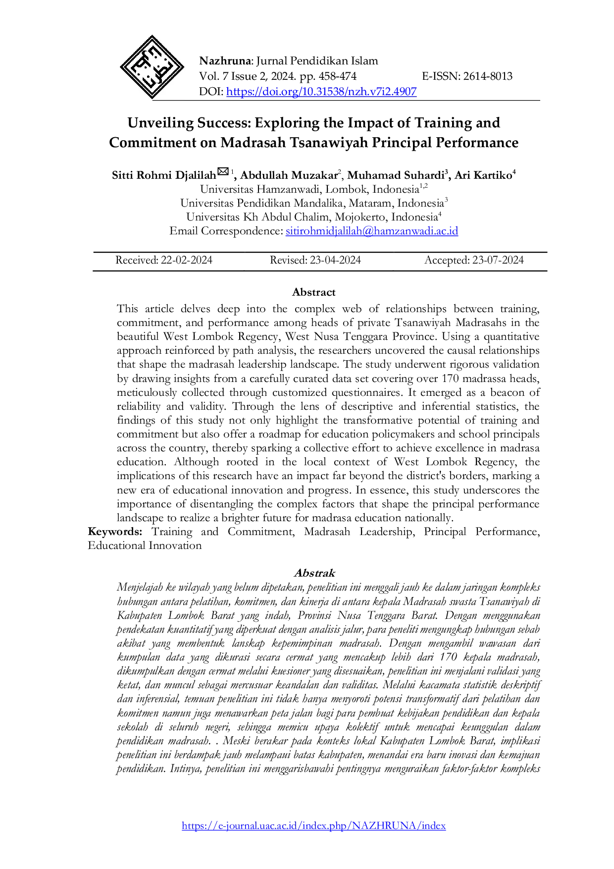 JURIS Unveiling Success Exploring the Impact of Training and Commitment on Madrasah Tsanawiyah Principal Performance