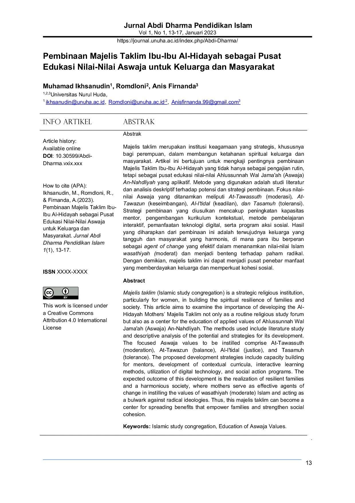 JURIS Empowering the Al Hidayah Women s Majelis Taklim as a Center for Aswaja Based Education for Families and Communities