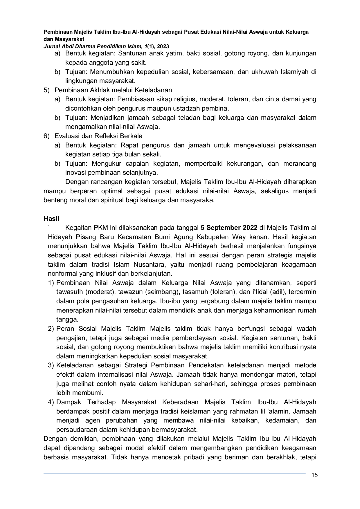 JURIS Empowering the Al Hidayah Women s Majelis Taklim as a Center for Aswaja Based Education for Families and Communities