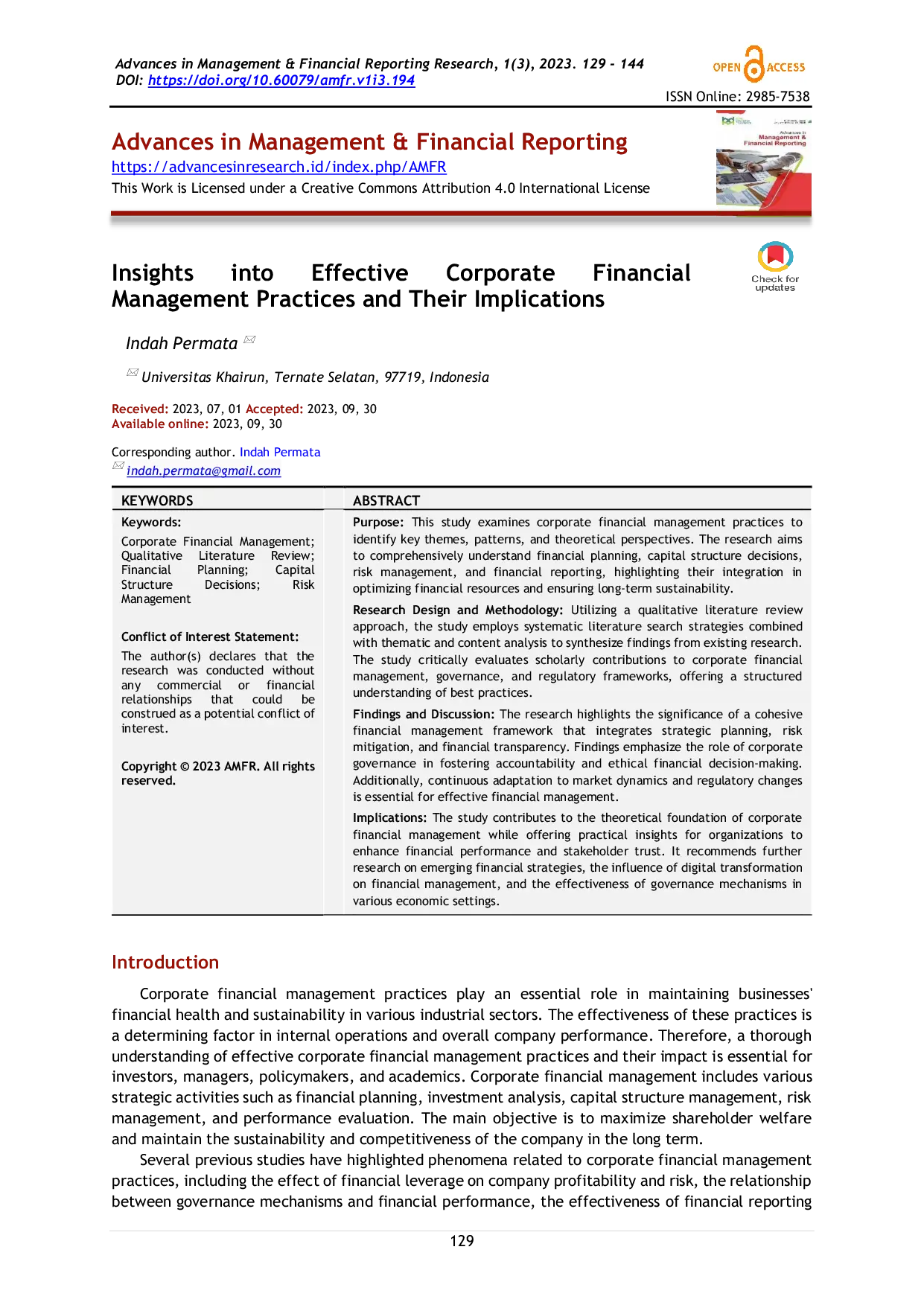 JURIS Insights into Effective Corporate Financial Management Practices and Their Implications