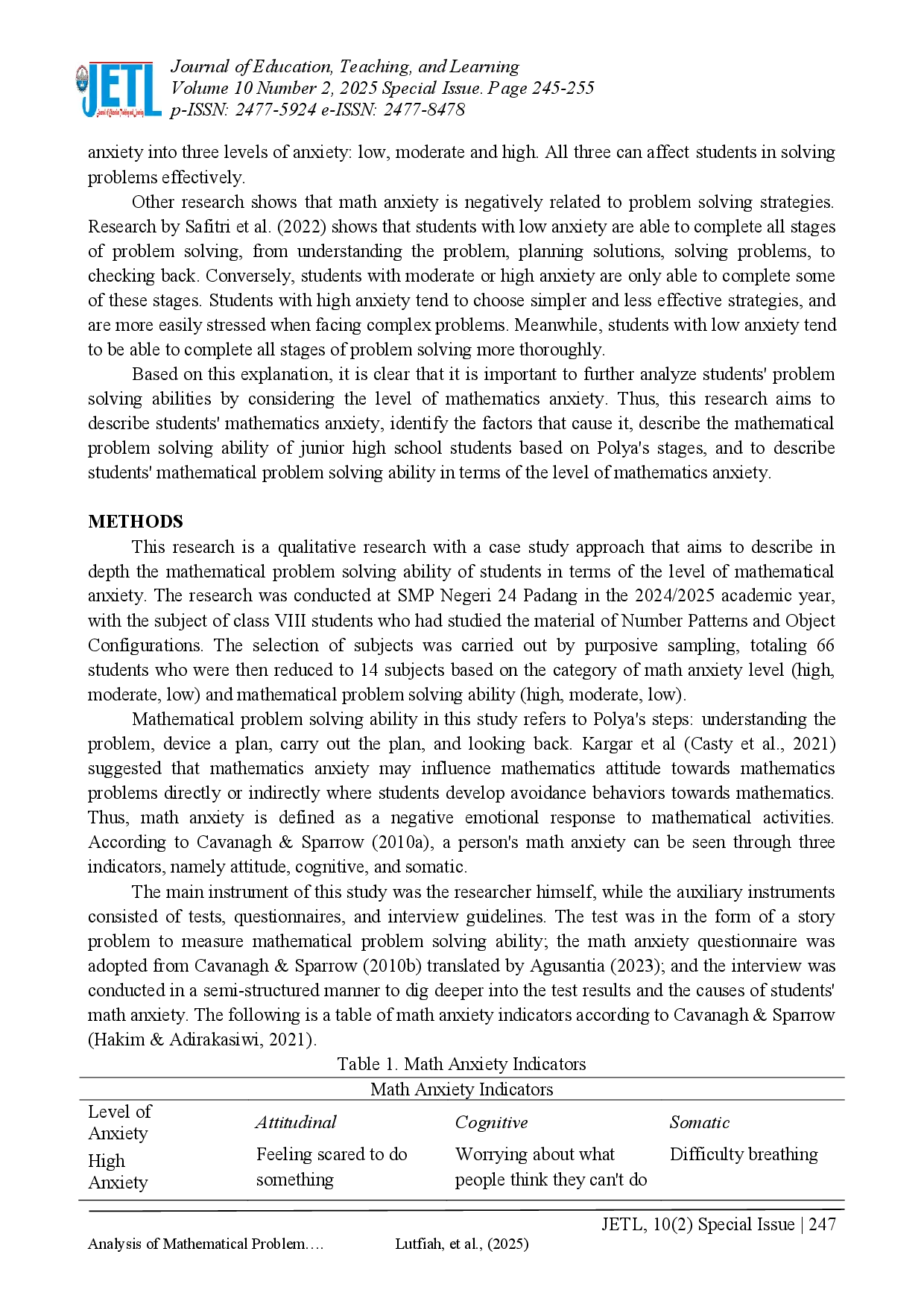 juris Analysis of Mathematical Problem Solving Ability of Junior High School Students Based on Polya s Stages in View of Math Anxiety Levels