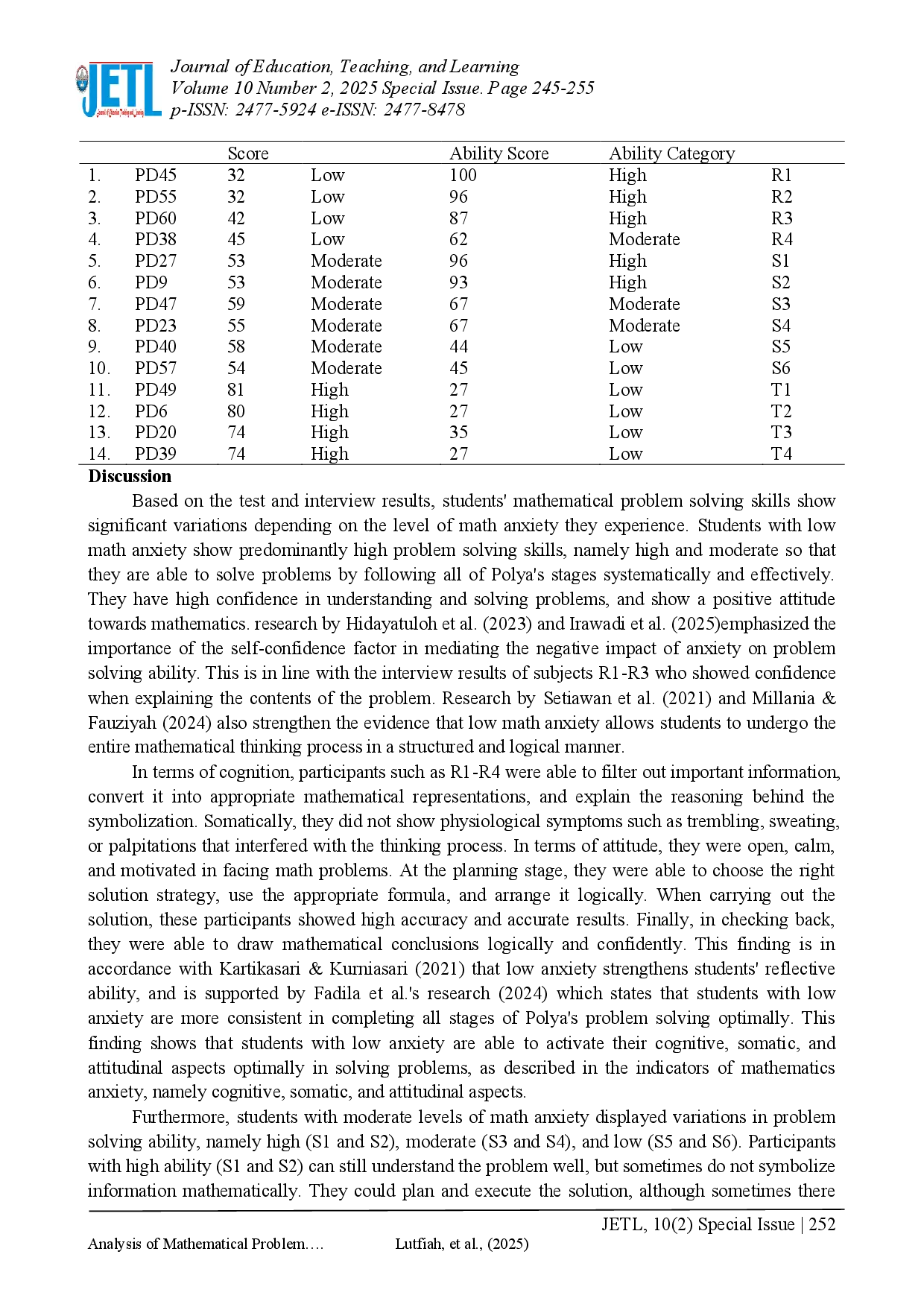 juris Analysis of Mathematical Problem Solving Ability of Junior High School Students Based on Polya s Stages in View of Math Anxiety Levels