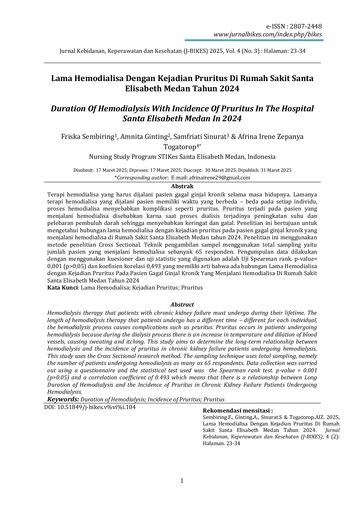JURIS Duration Of Hemodialysis With Incidence Of Pruritus In The Hospital Santa Elisabeth Medan In 2024