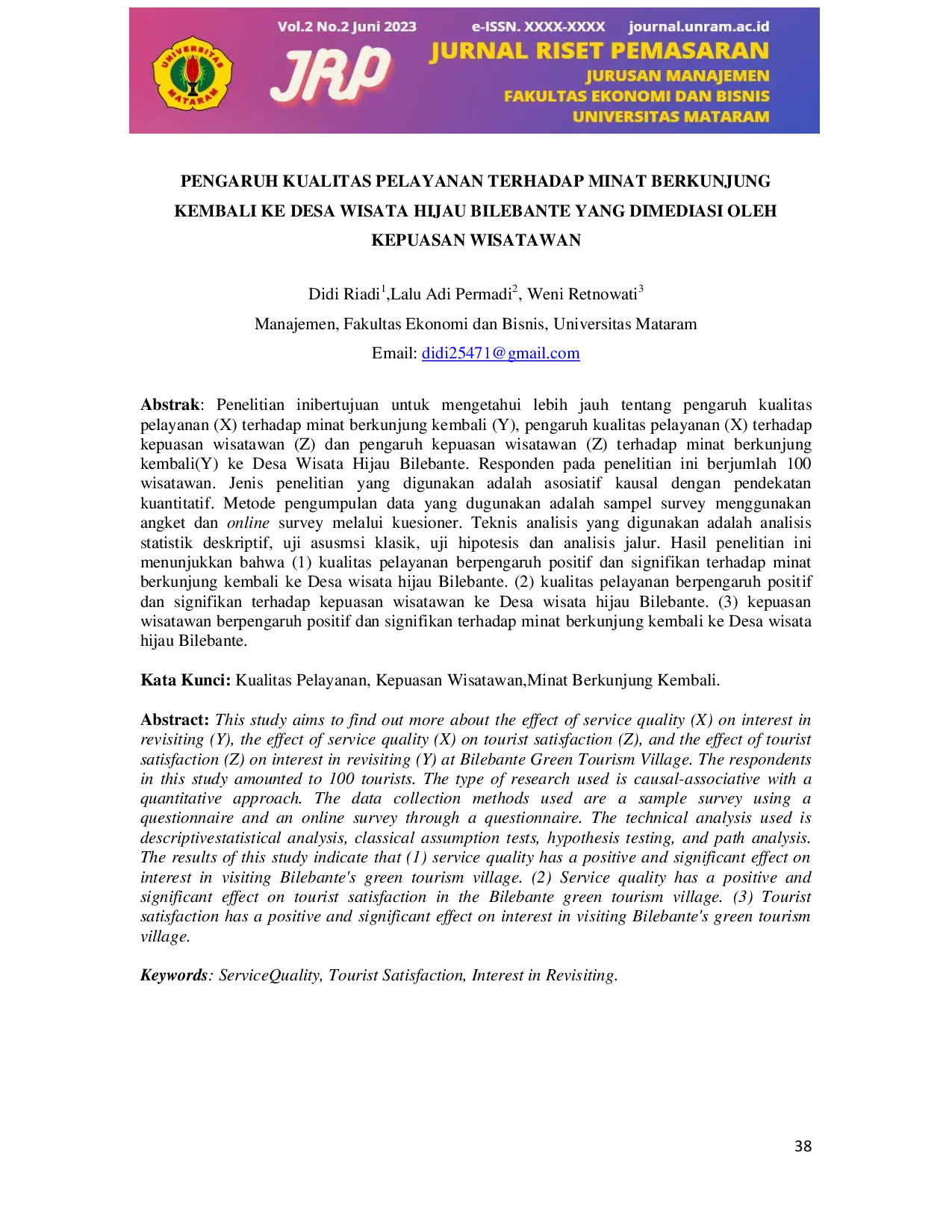 JURIS Pengaruh Kualitas Pelayanan Terhadap Minat Berkunjung Kembali Ke Desa Wisata Hijau Bilebante Yang Dimediasi Oleh Kepuasan Wisatawan