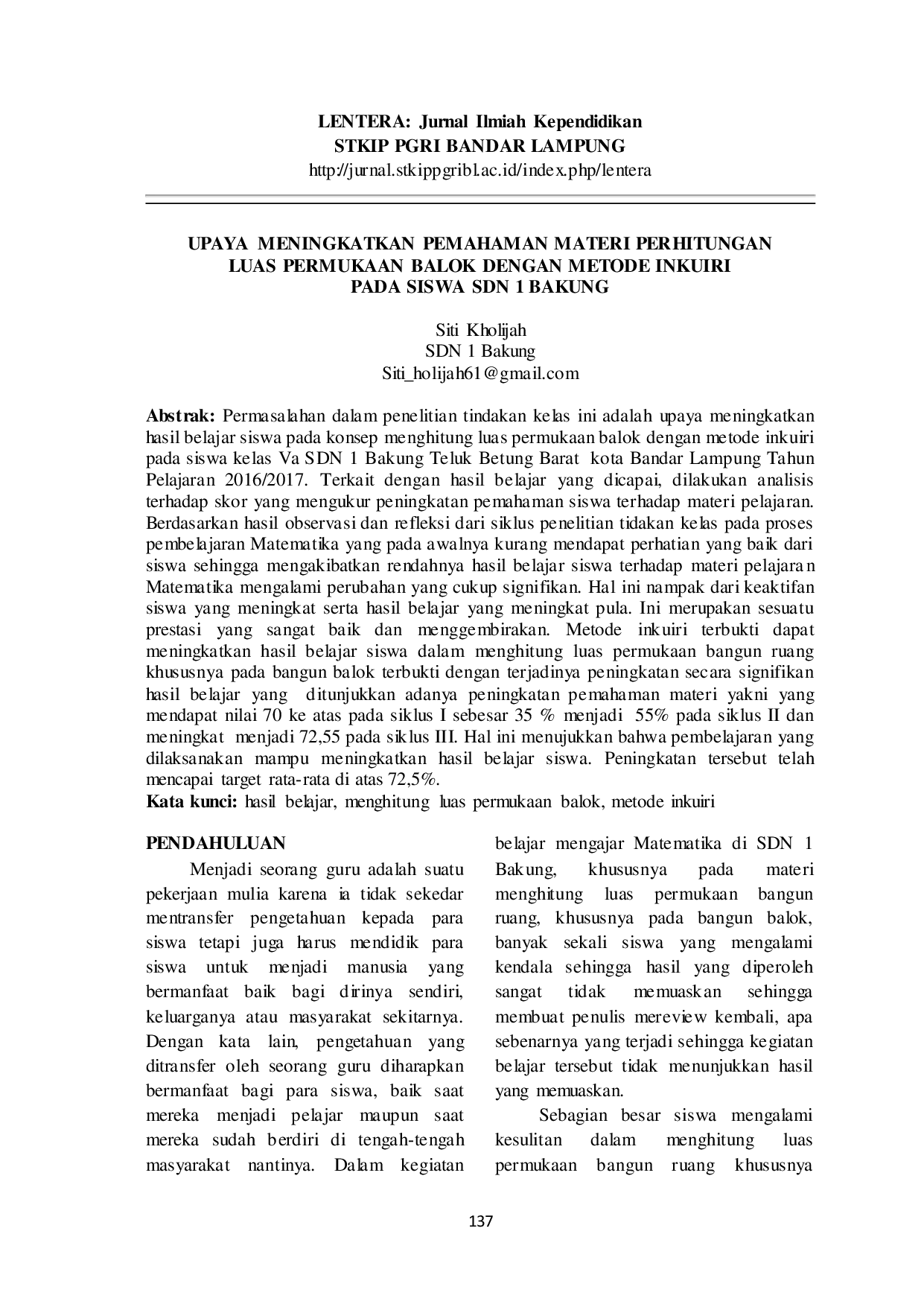 JURIS Upaya Meningkatkan Pemahaman Materi Perhitungan Luas Permukaan Balok Dengan Metode Inkuiri Pada Siswa Sdn 1 Bakung