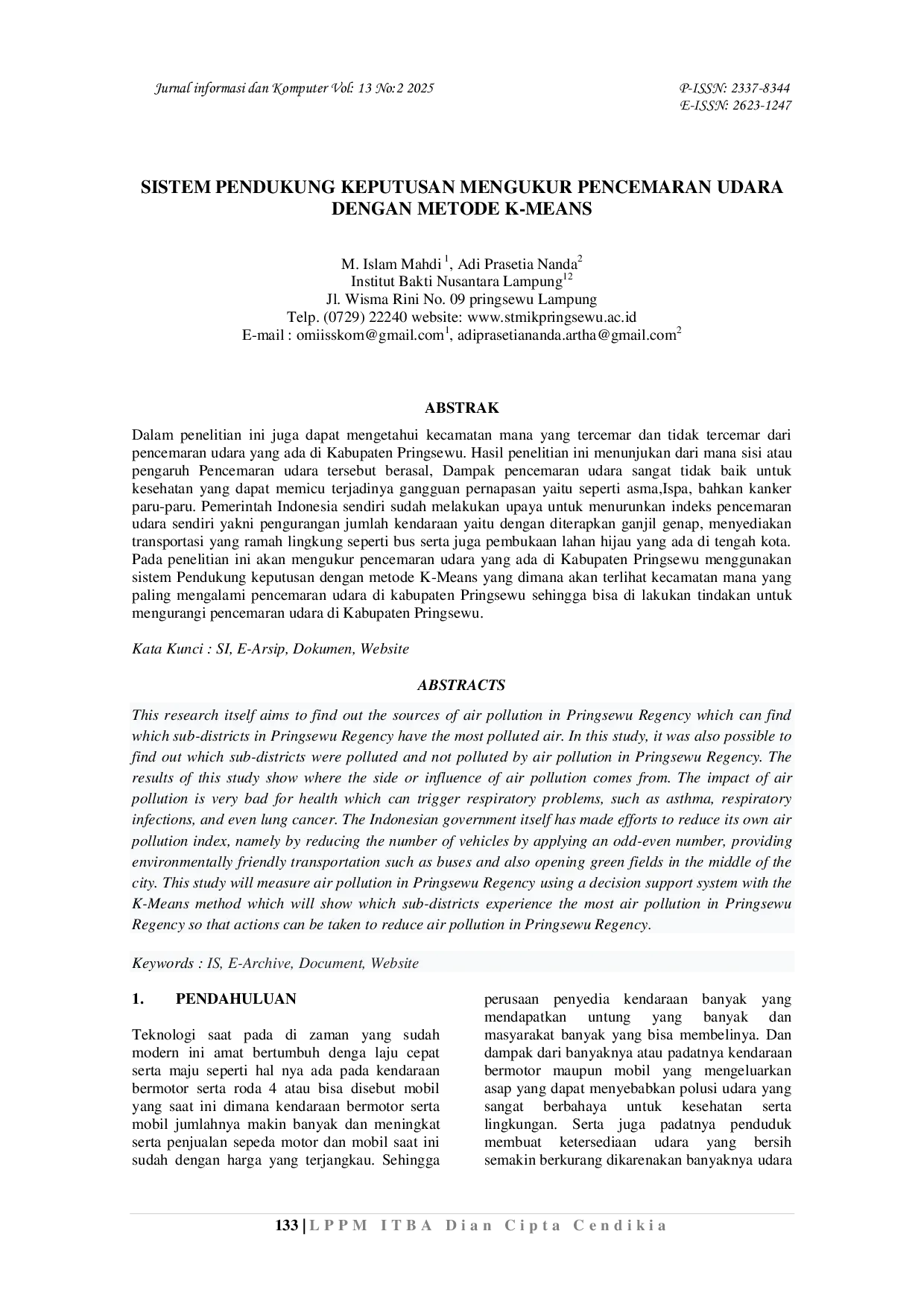 JURIS Sistem Pendukung Keputusan Mengukur Pencemaran Udara Dengan Metode K Means