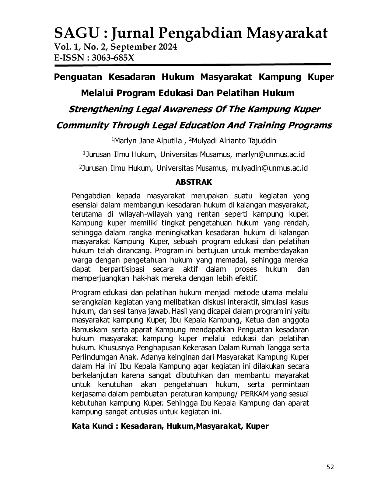 JURIS Penguatan Kesadaran Hukum Masyarakat Kampung Kuper Melalui Program Edukasi Dan Pelatihan Hukum