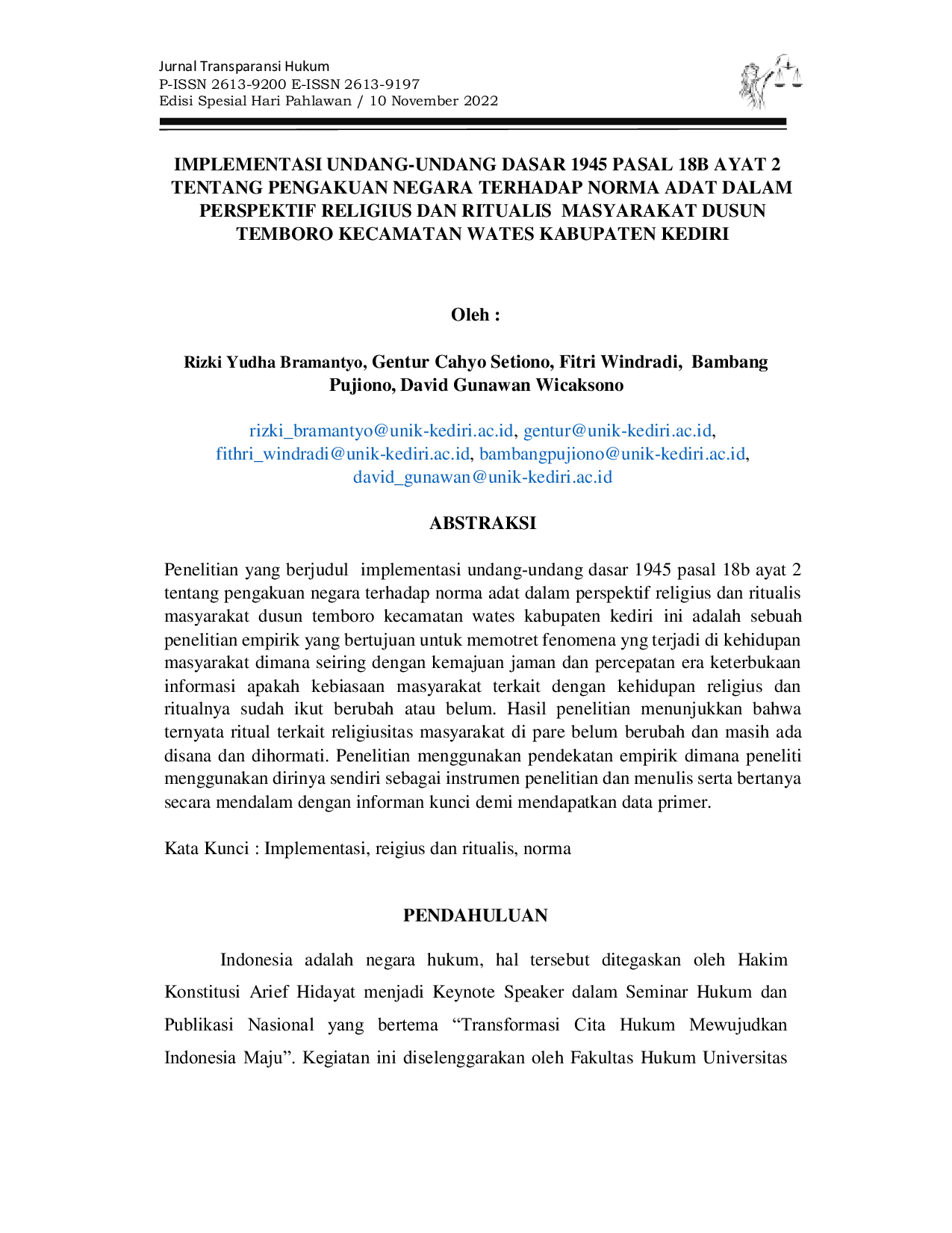 JURIS Implementasi Undang Undang Dasar 1945 Pasal 18b Ayat 2 Tentang Pengakuan Negara Terhadap Norma Adat Dalam Perspektif Religius Dan Ritualis Masyarakat Dusun Temboro Kecamatan Wates Kabupaten Kediri