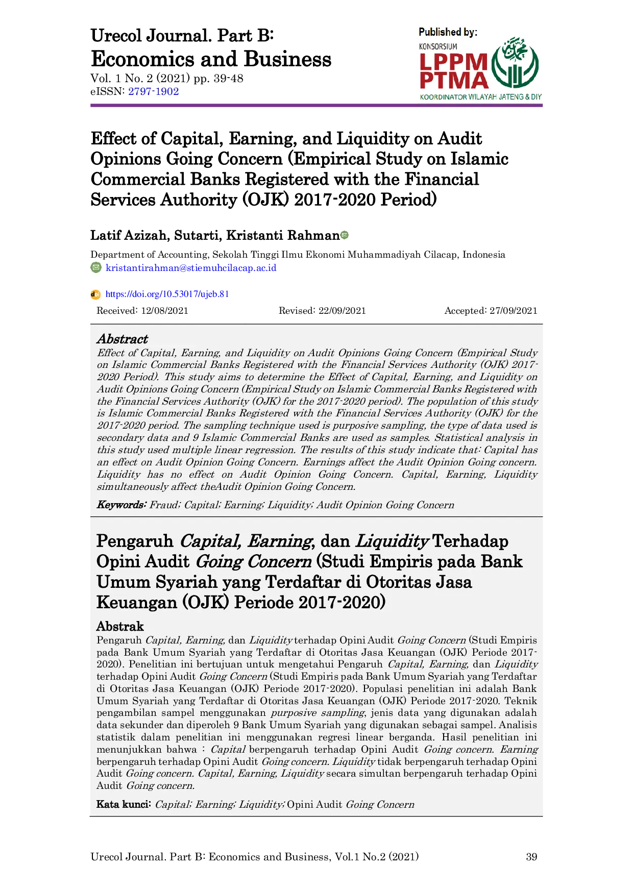 JURIS Effect of Capital Earning and Liquidity on Audit Opinions Going Concern Empirical Study on Islamic Commercial Banks Registered with the Financial Services Authority OJK 2017 2020 Period
