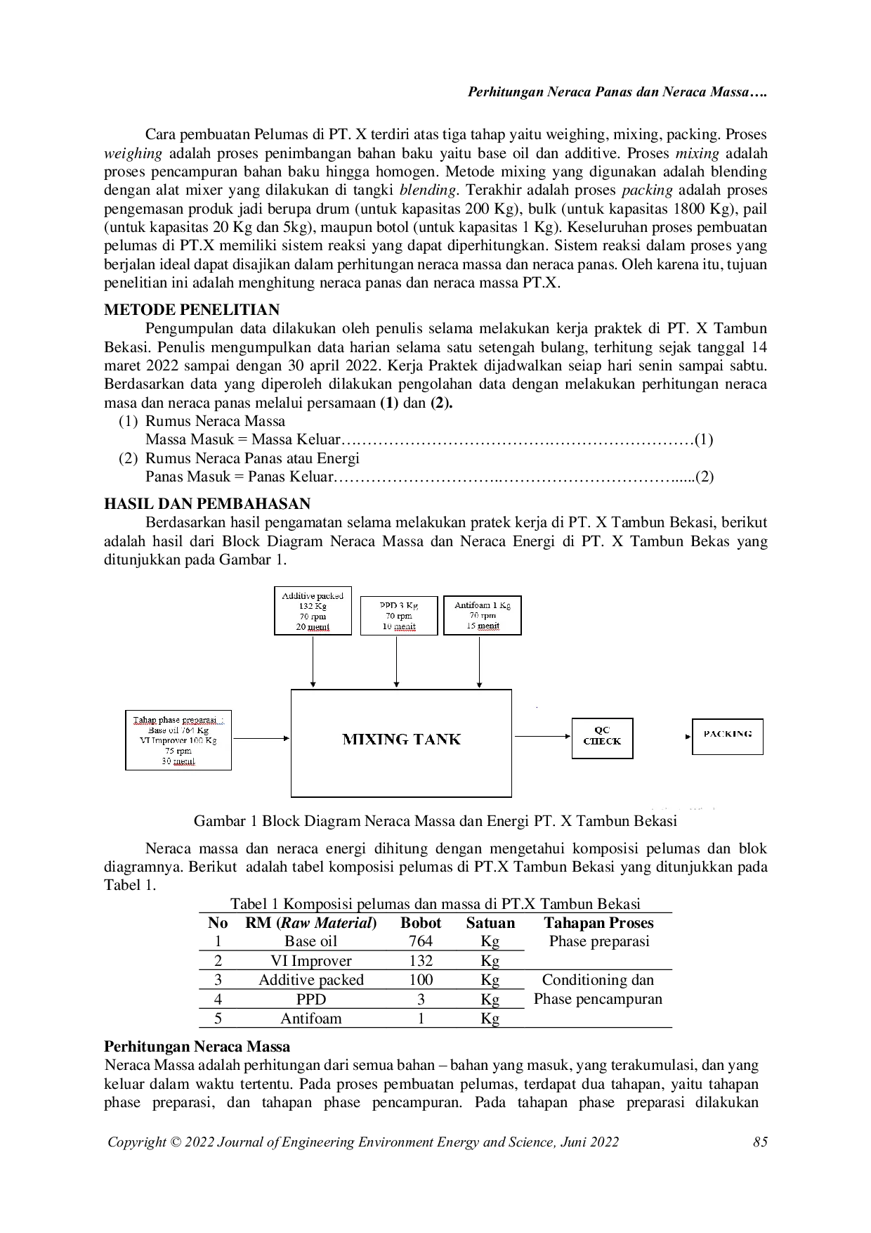 JURIS Perhitungan Neraca Panas dan Neraca Massa pada Proses Produksi Pelumas di PT X di Tambun Bekasi