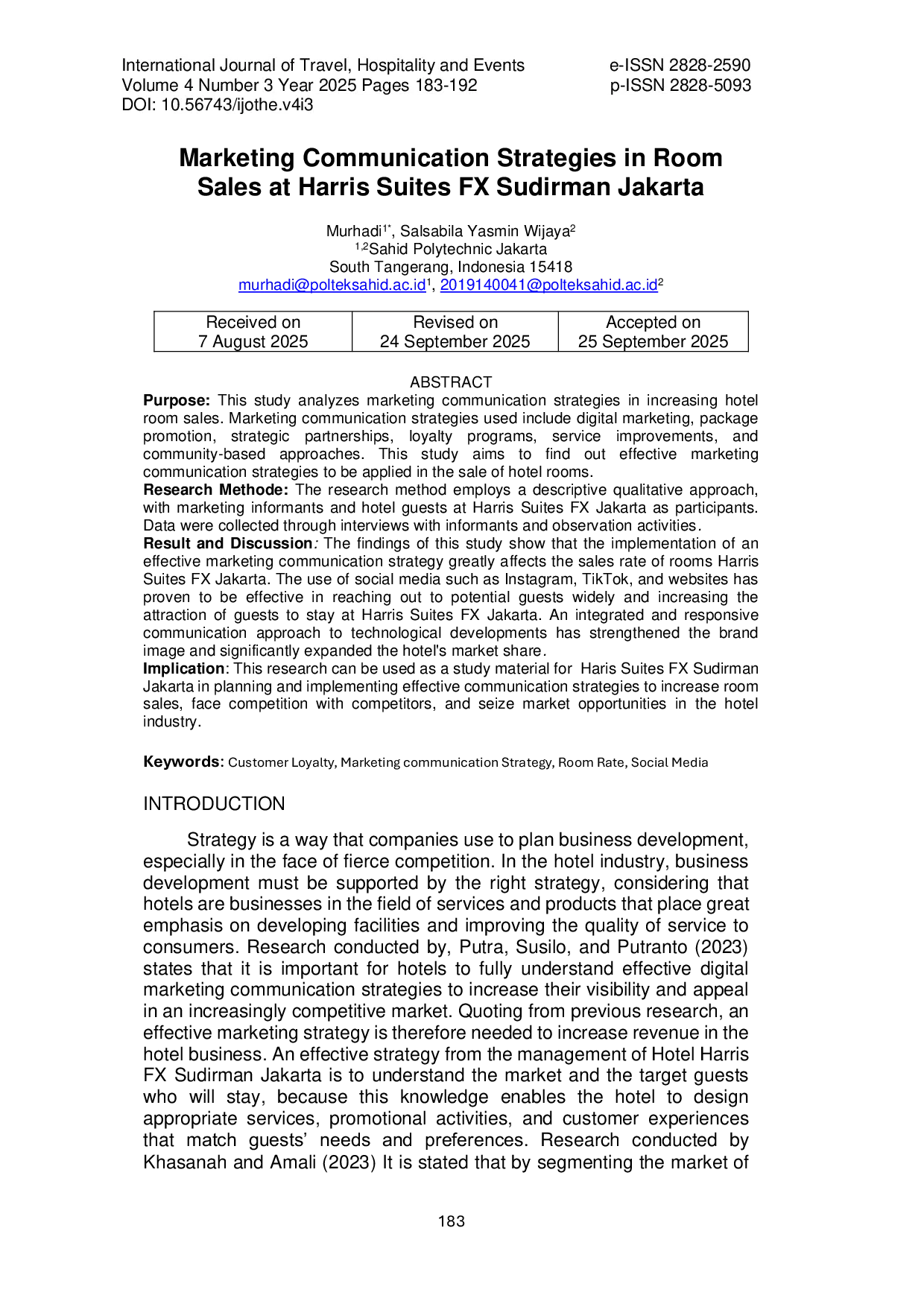 JURIS Marketing Communication Strategies in Room Sales Hotel Harris Suites FX Sudirman Jakarta