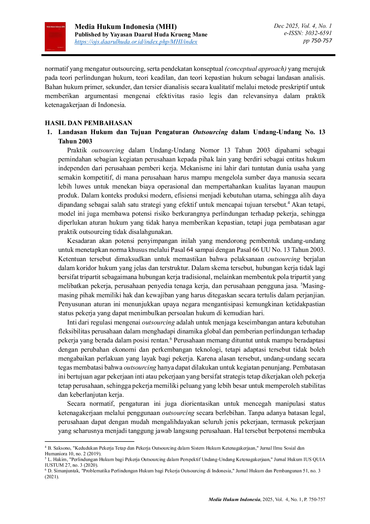 JURIS Rasio Legis Pengaturan Pekerja Outsourcing dalam Undang Undang Nomor 13 Tahun 2003